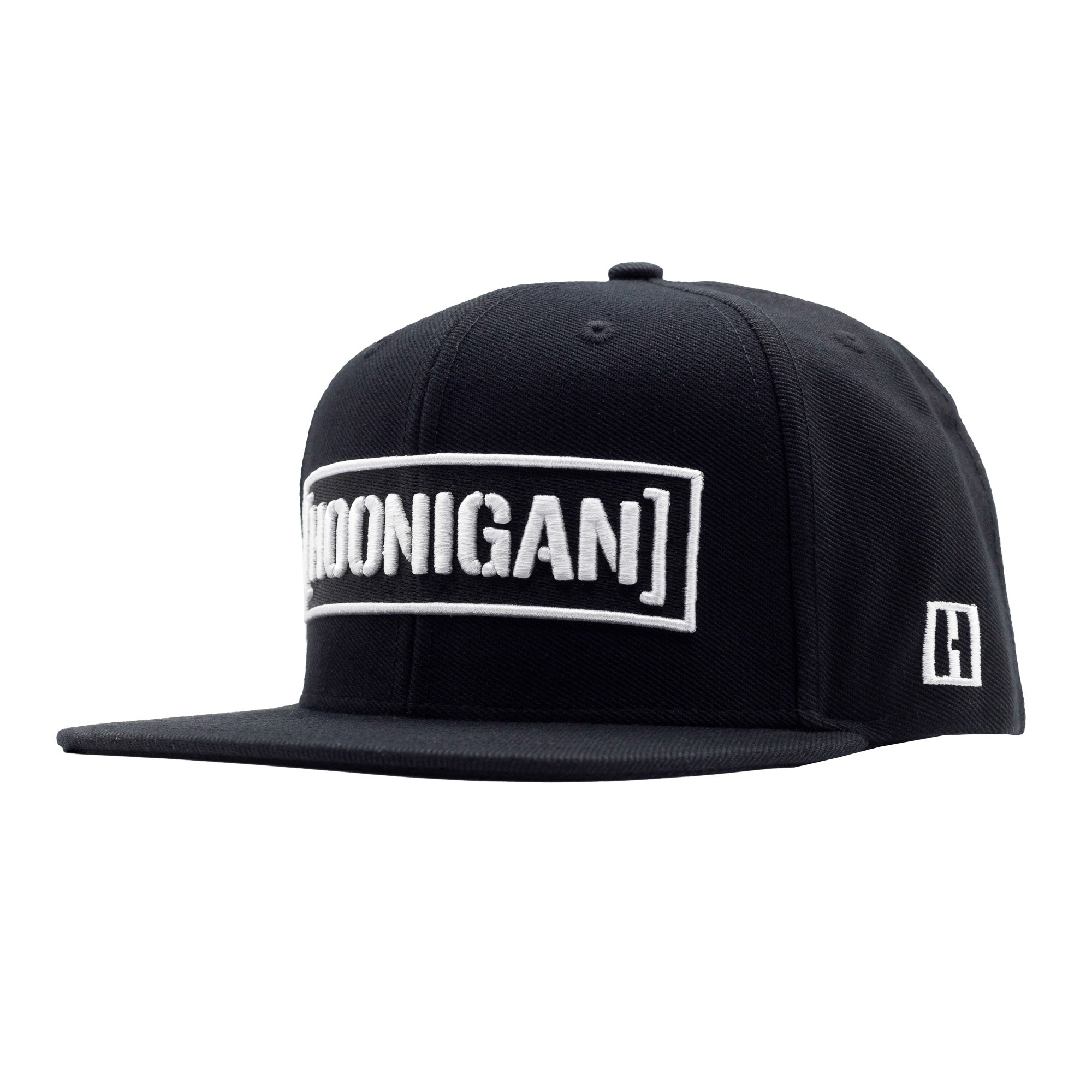 Black snapback hat featuring a bold white Hoonigan logo on the front and a small logo on the side.