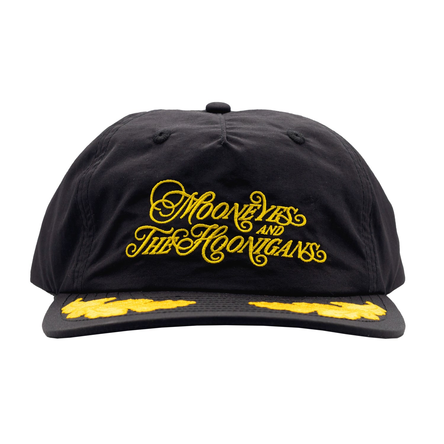 Hoonigan x Mooneyes decorated unstructured snapback hat in black, featuring embroidered logos and a classic flat brim design.