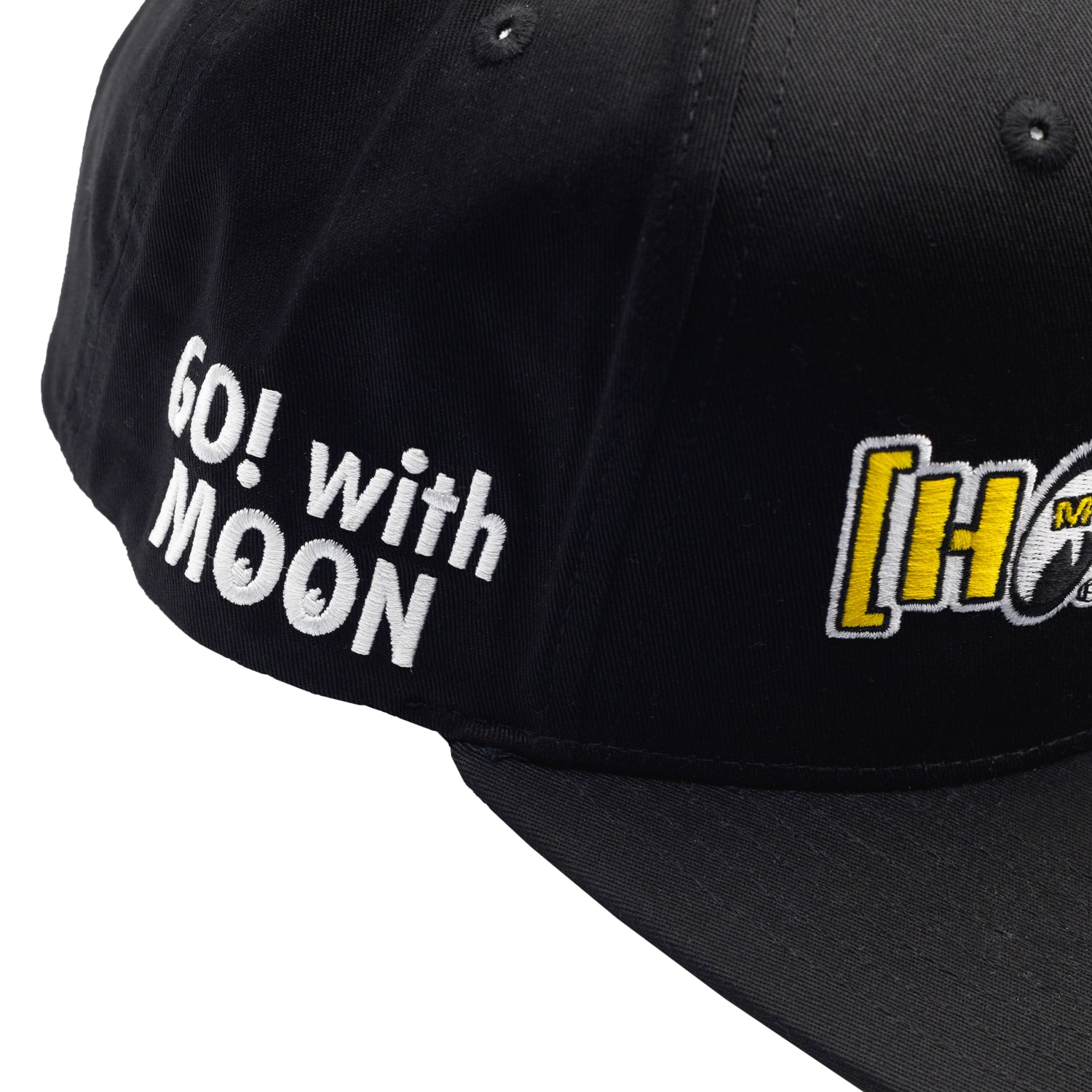 Hoonigan x Mooneyes MOON BAR Snapback Hat featuring a black cap with white logo embroidery and a flat brim.