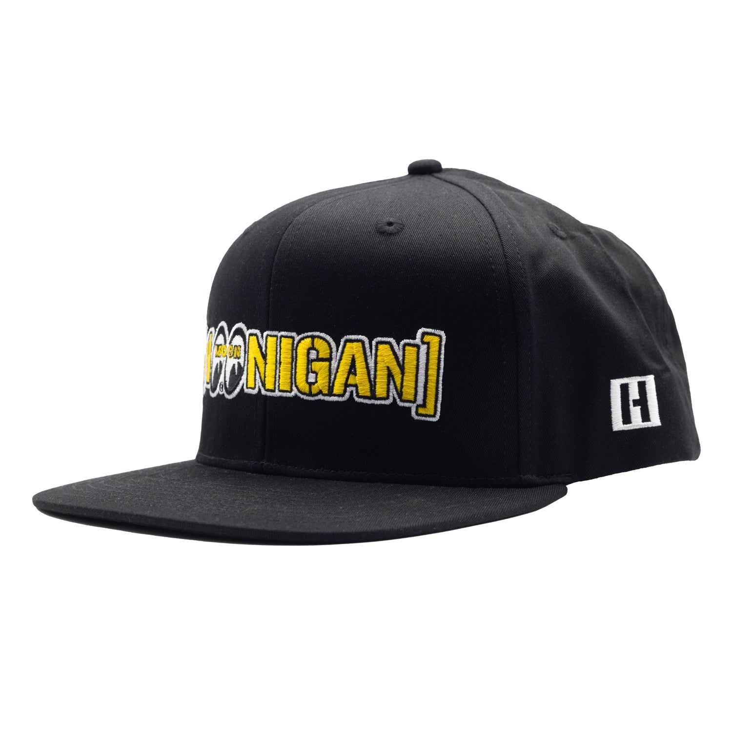 Hoonigan x Mooneyes MOON BAR snapback hat featuring a black base with yellow and white embroidered logos on the front.