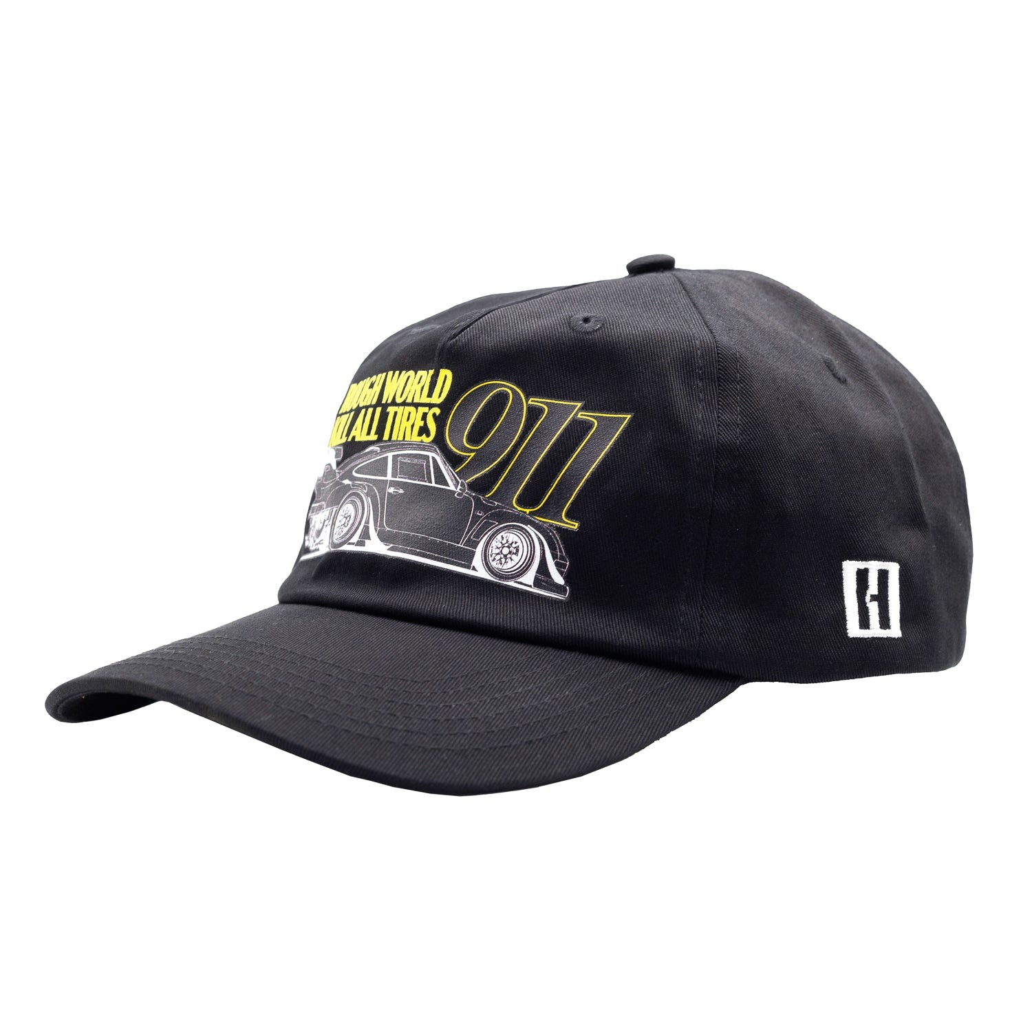 "Black unstructured strapback hat featuring Hoonigan x RWB logo and 'ROUGH WORLD KILL ALL TIRES' text."