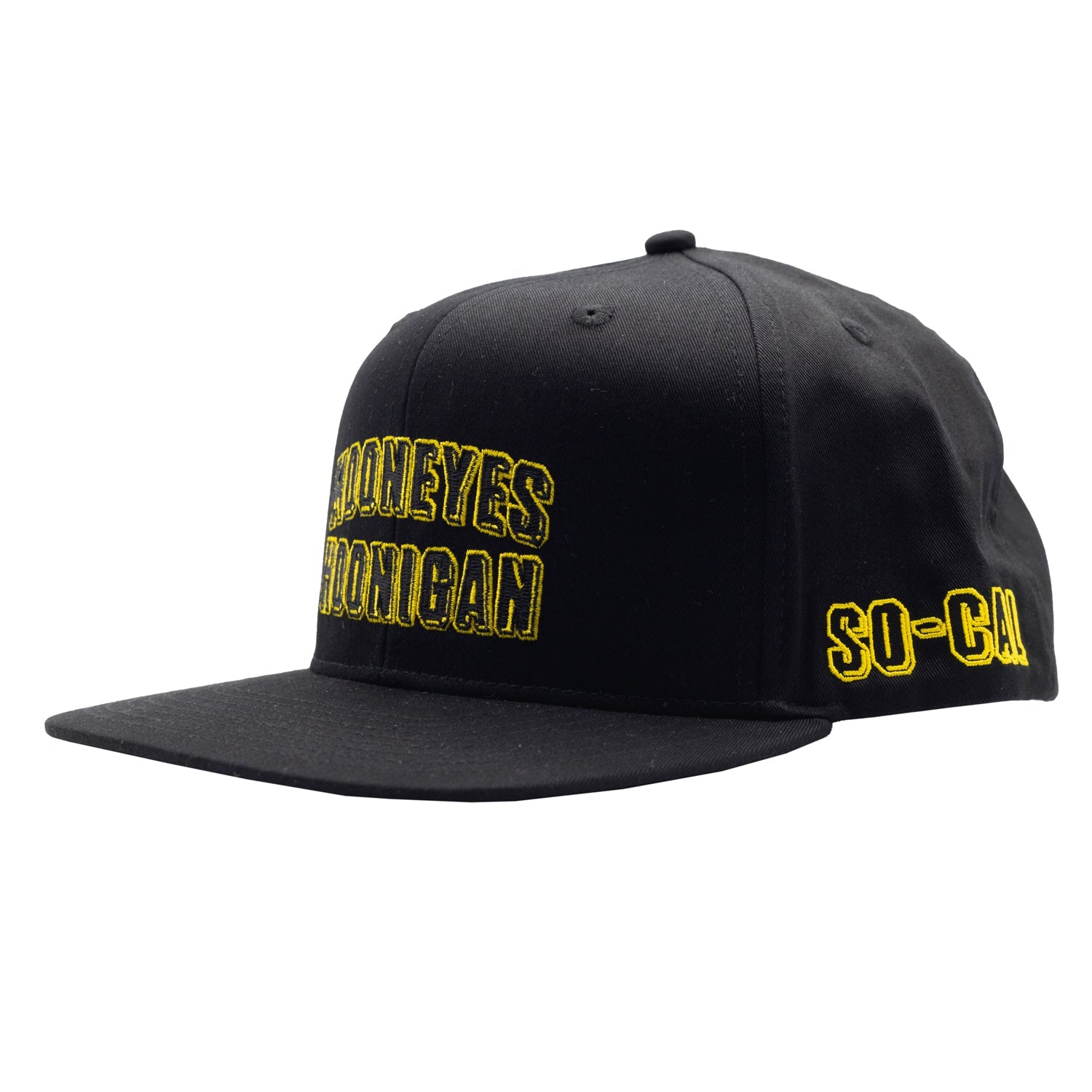 Hoonigan x Mooneyes SO CAL snapback hat featuring a black base, embroidered logo on the front, and a flat visor.