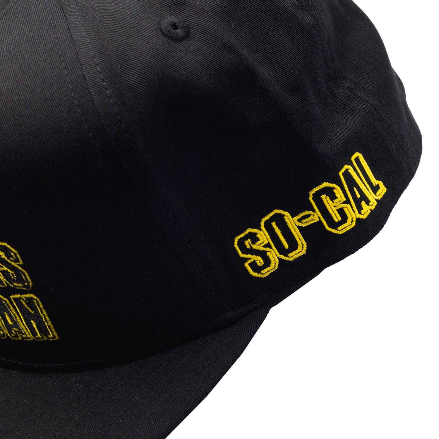 Hoonigan x Mooneyes SO CAL Snapback Hat featuring a black and yellow design with embroidered logos and adjustable strap.