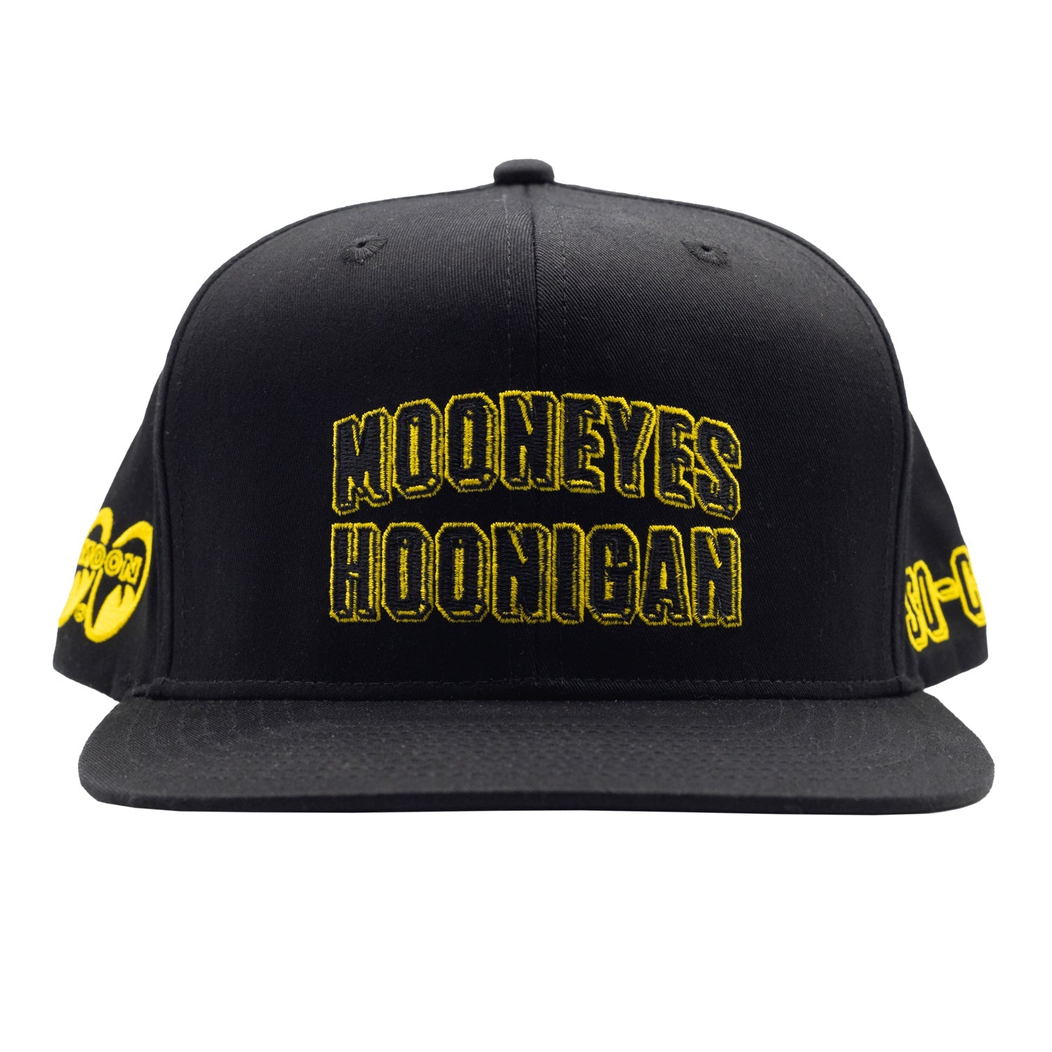 Hoonigan x Mooneyes SO CAL black snapback hat with white logo embroidery, featuring a flat brim and adjustable strap.