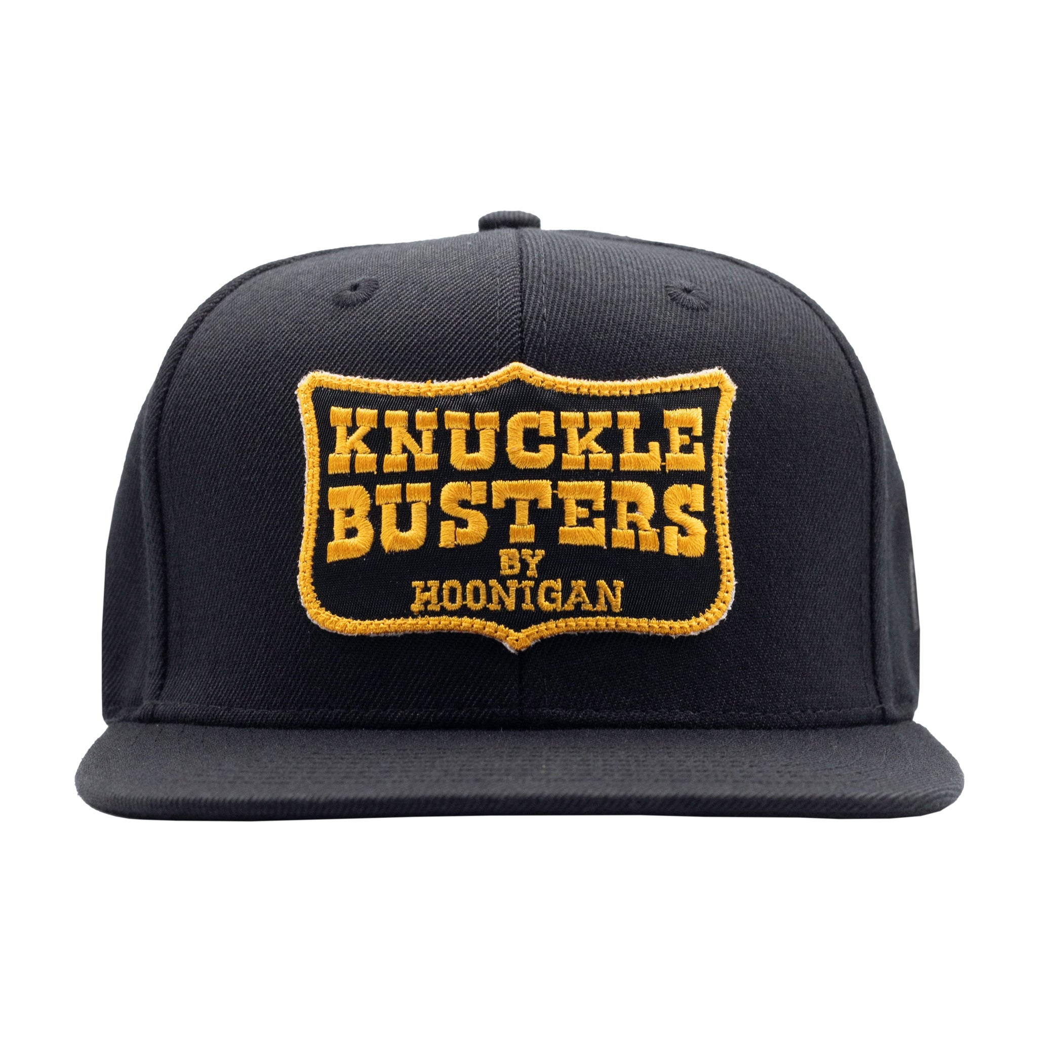 Hoonigan BELT SANDER Snapback Hat featuring a black cap with a bold graphic logo and adjustable strap.