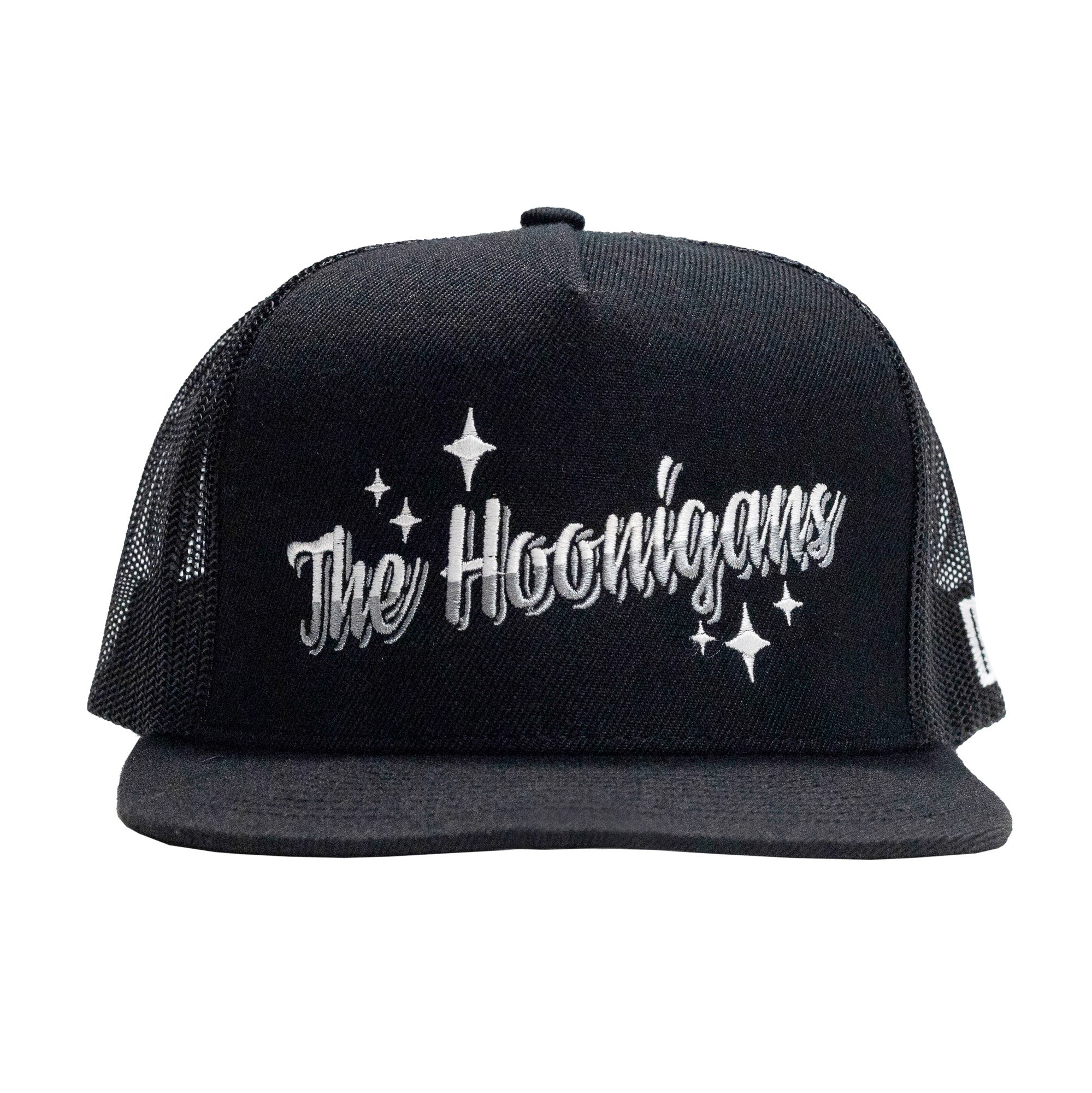 Black trucker hat with "The Hoonigans" embroidered in gray, featuring stars and a curved brim.