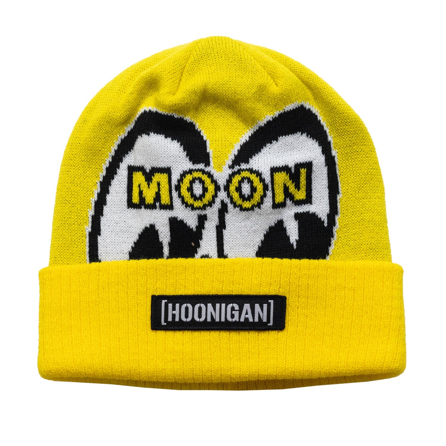 Hoonigan x Mooneyes LQQK Beanie in black with yellow and white logo detailing.
