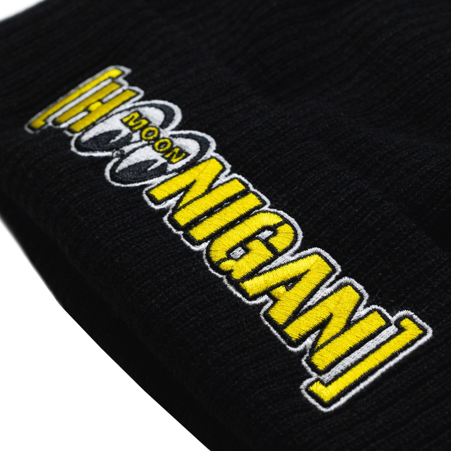 Hoonigan x Mooneyes MOON BAR Beanie in black with embroidered logo on the front.