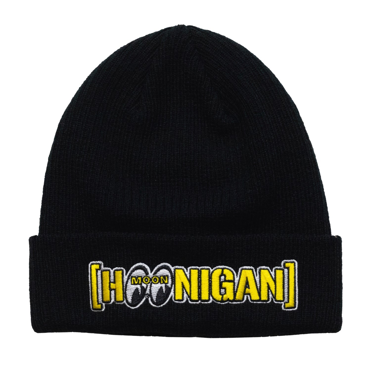 Hoonigan x Mooneyes MOON BAR Beanie featuring a black and yellow design with embroidered logos.