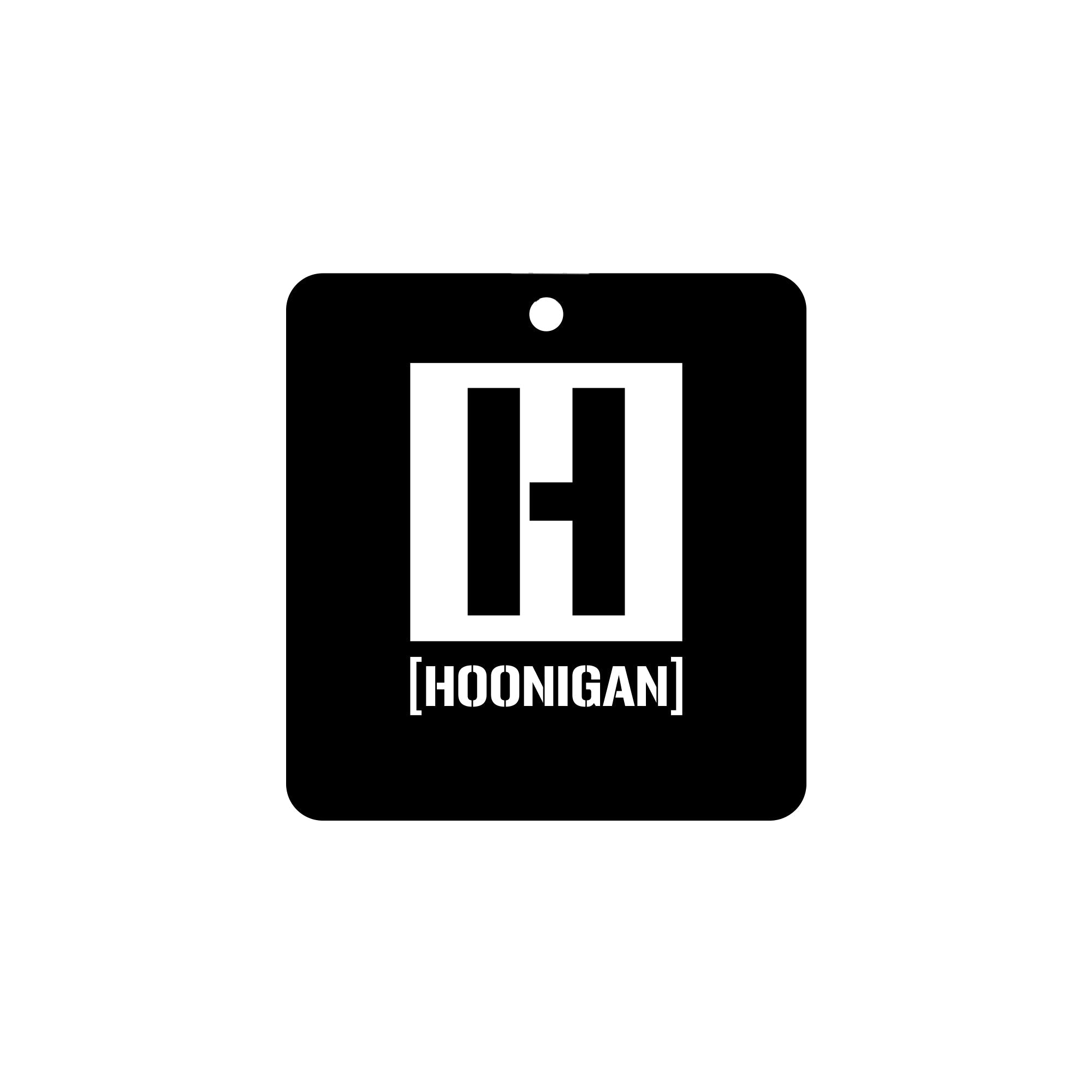 Hoonigan X Mobil1 air freshener featuring a bold black design with the Hoonigan logo for automotive enthusiasts.