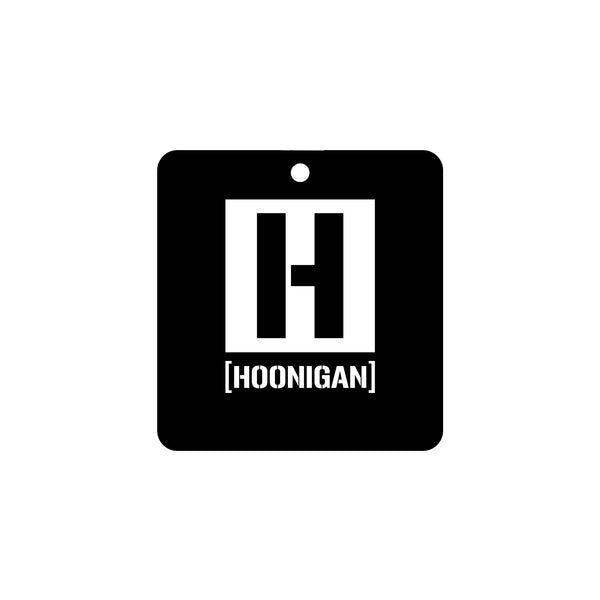 Hoonigan X Mobil1 air freshener featuring a bold black design with the Hoonigan logo for automotive enthusiasts.