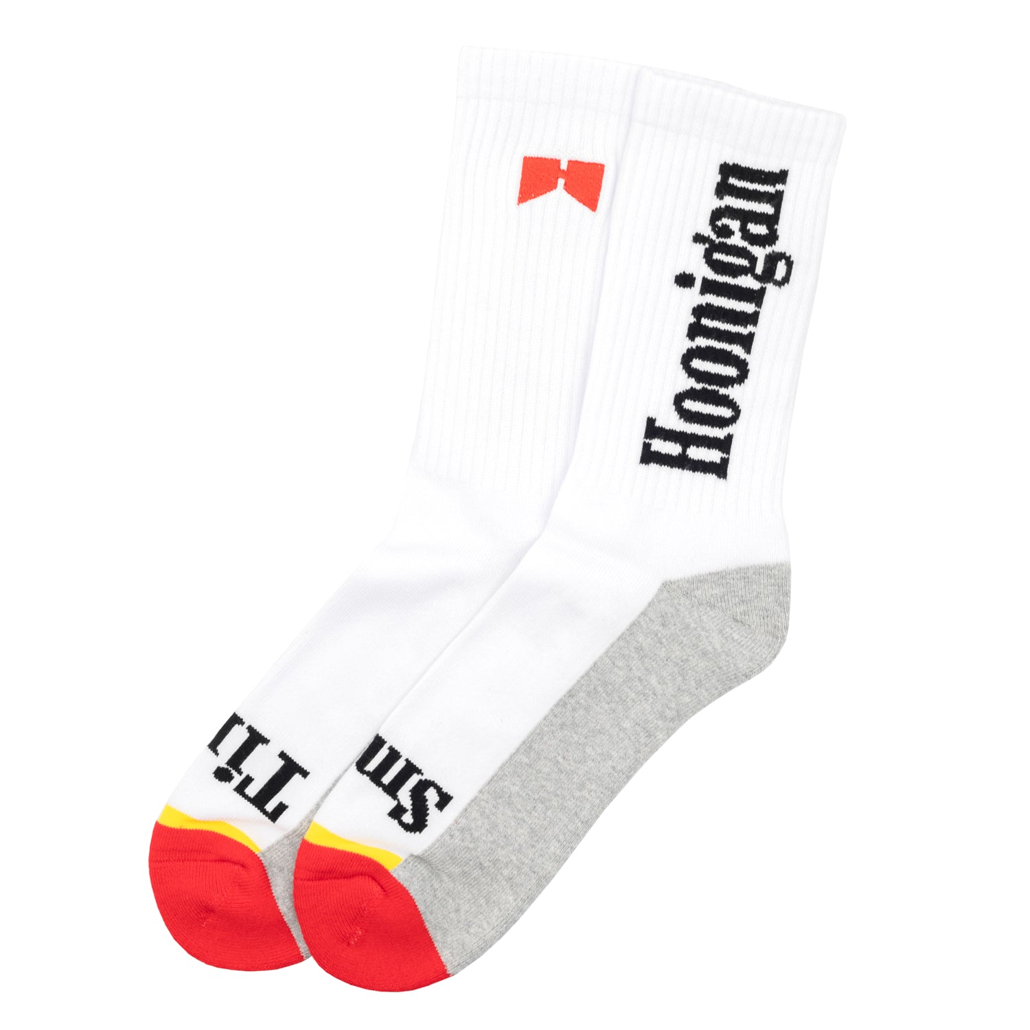 Hoonigan BURNOUT TEAM socks featuring a monochrome design with bold text and graphics.