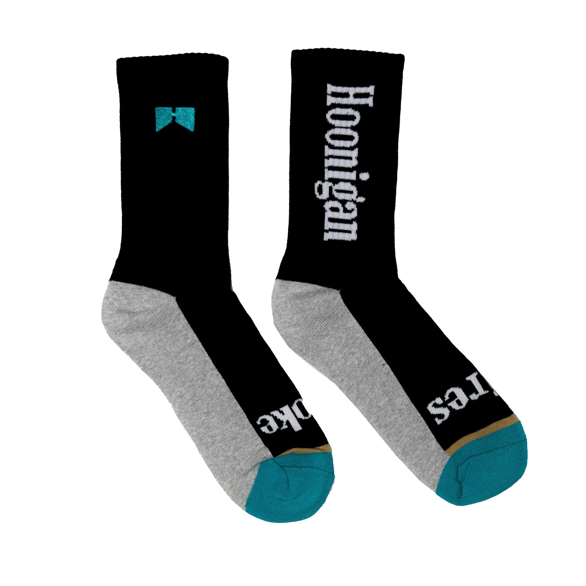 Black and gray Hoonigan BURNOUT TEAM socks featuring bold branding and a teal accent for motorsport enthusiasts.