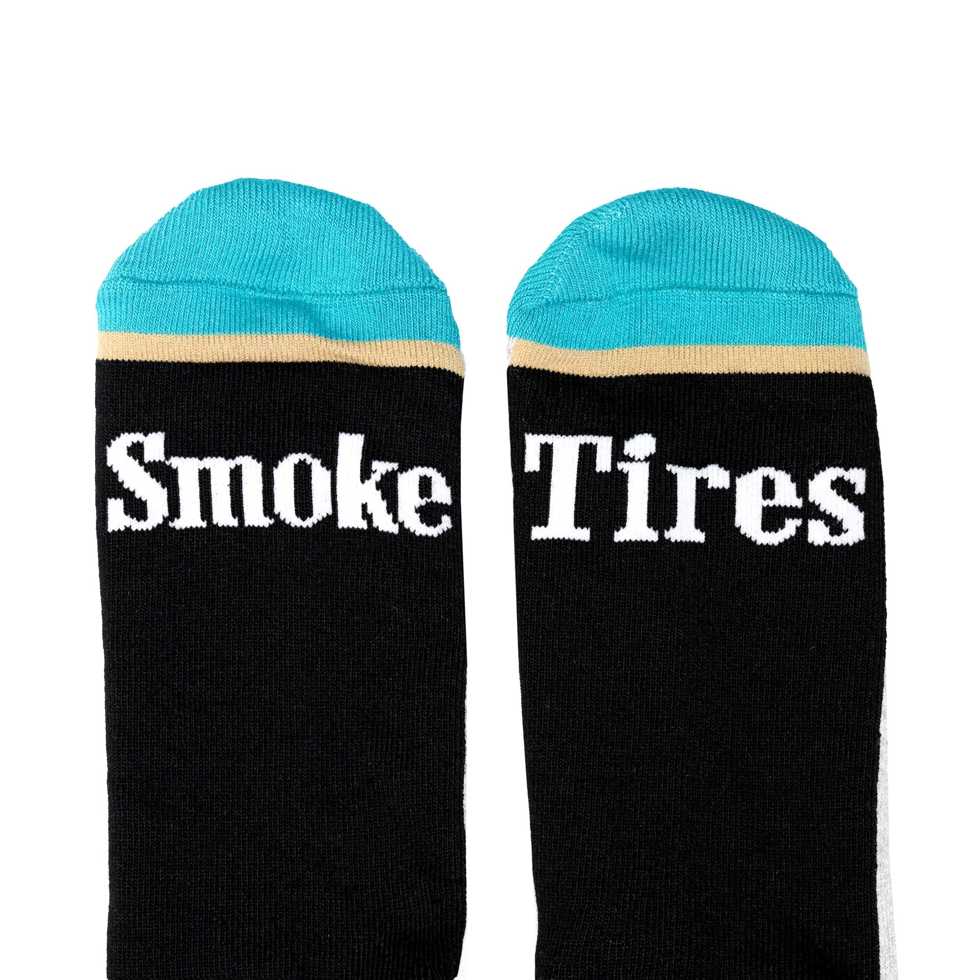 Hoonigan BURNOUT TEAM Socks featuring "Smoke Tires" text in bold white on a black background with turquoise accents.