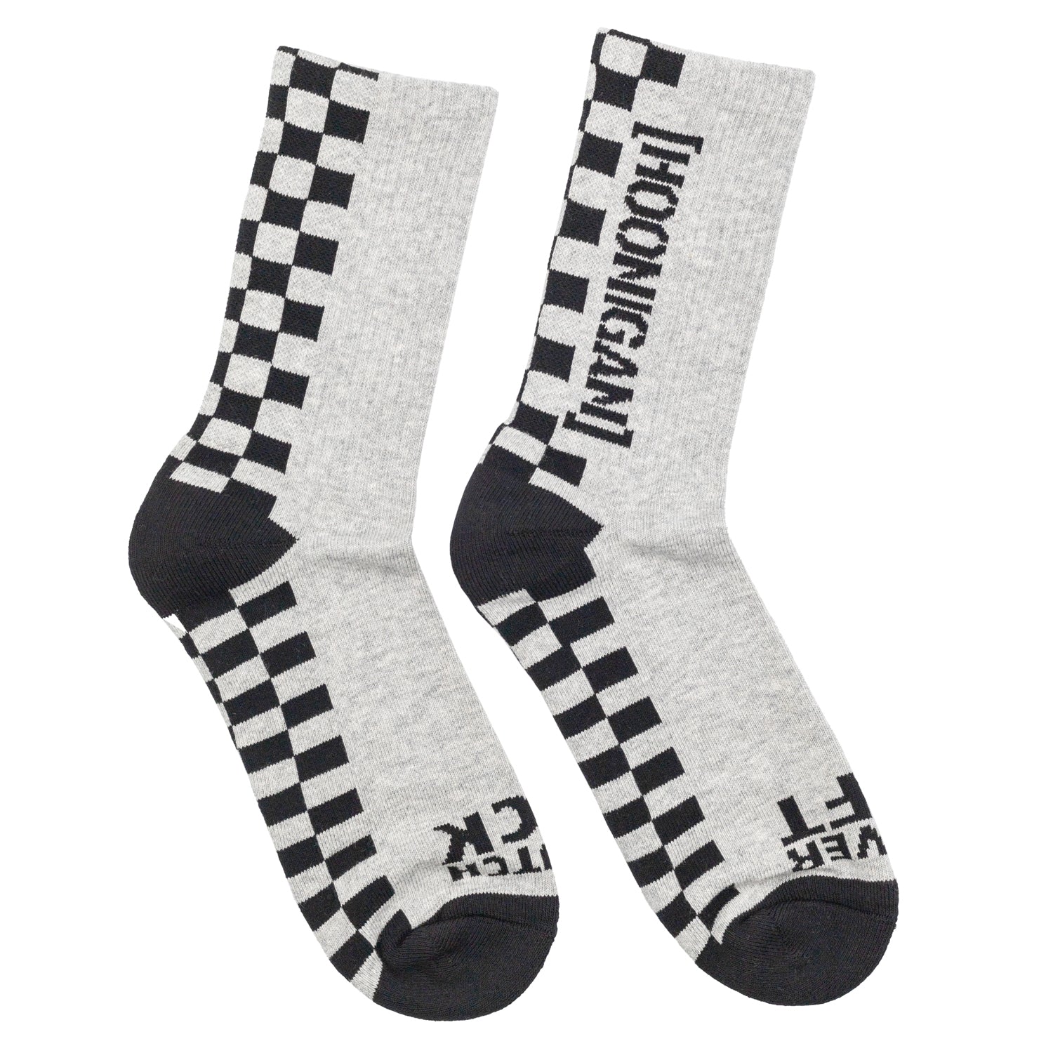 Hoonigan NEVER LIFT socks featuring a navy blue design with white lettering.