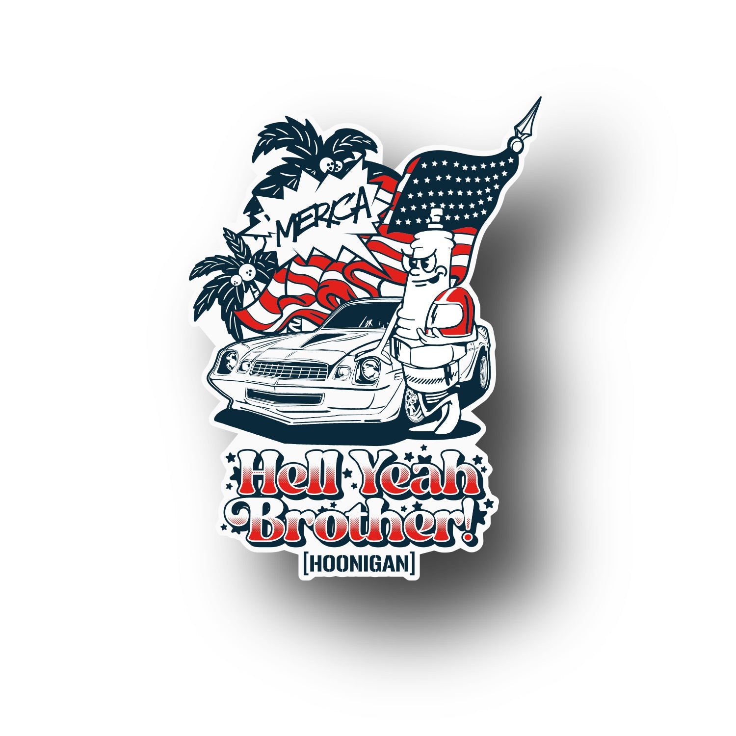 Hoonigan 'MERICA sticker featuring a bold American flag design, measuring 4.7 inches.