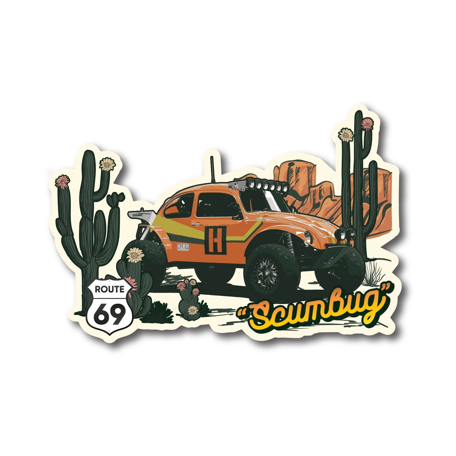 Hoonigan SCUMBUG sticker featuring a stylized off-road vehicle with cacti and desert scenery. Perfect for car culture enthusiasts.
