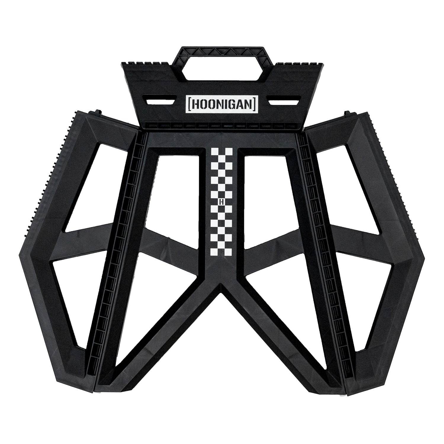 Hoonigan TRACK DAY collapsible stool in black with a red logo, designed for outdoor use, featuring a sturdy frame and comfortable seating.