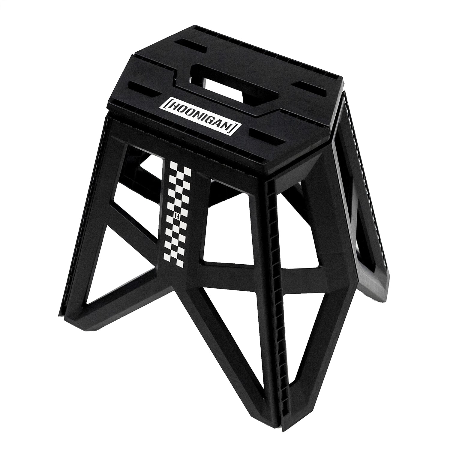 Hoonigan TRACK DAY collapsible stool with branding, featuring a sturdy black fabric seat and metal frame, designed for outdoor use.
