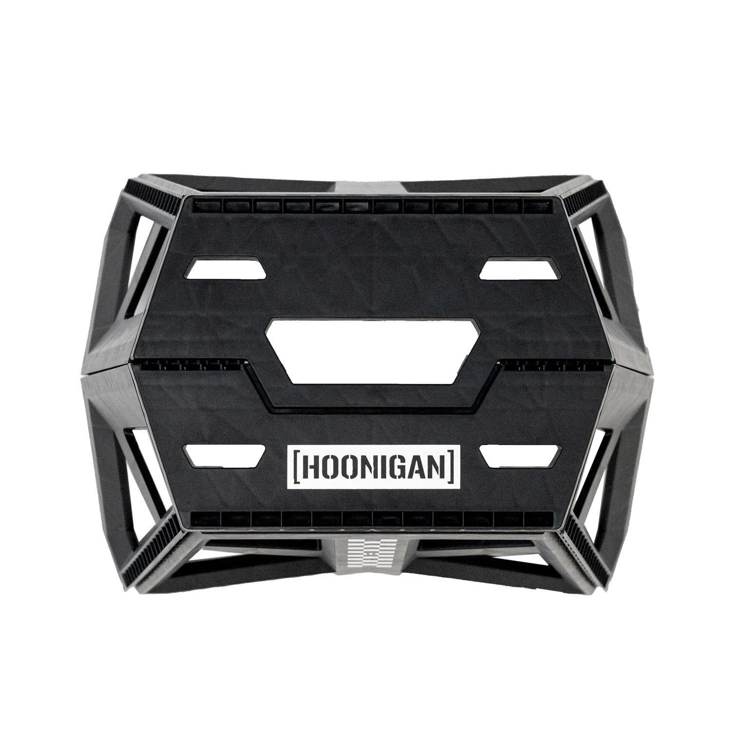 Hoonigan TRACK DAY Collapsible Stool with logo, featuring a black and gray design, lightweight frame, and compact folding style.
