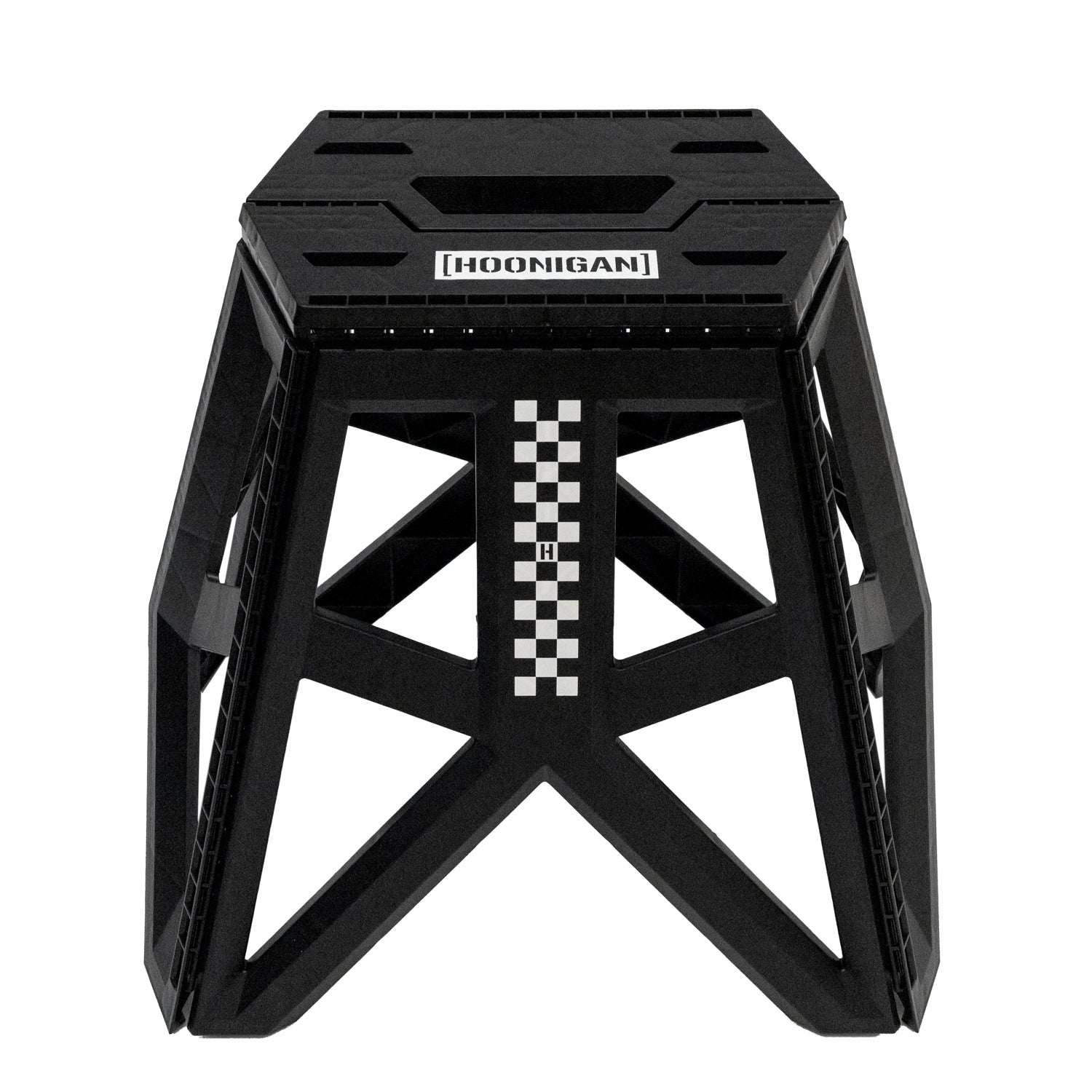 Hoonigan TRACK DAY Collapsible Stool in black with Hoonigan logo, featuring a sturdy frame and convenient carrying handle.
