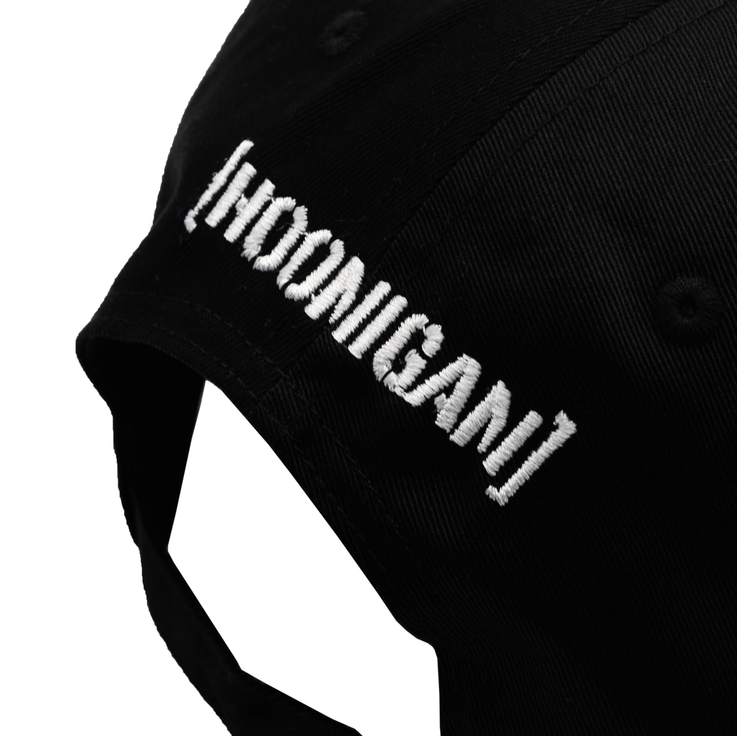 Hoonigan MAYHEM unstructured strapback hat with embroidered logo on front, featuring a black twill fabric and adjustable back strap.