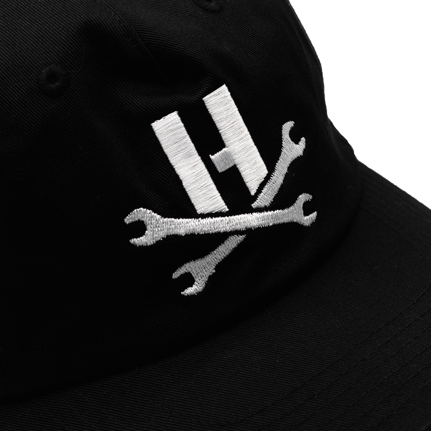 Hoonigan MAYHEM unstructured strapback hat with a black and white design and embroidered logo.