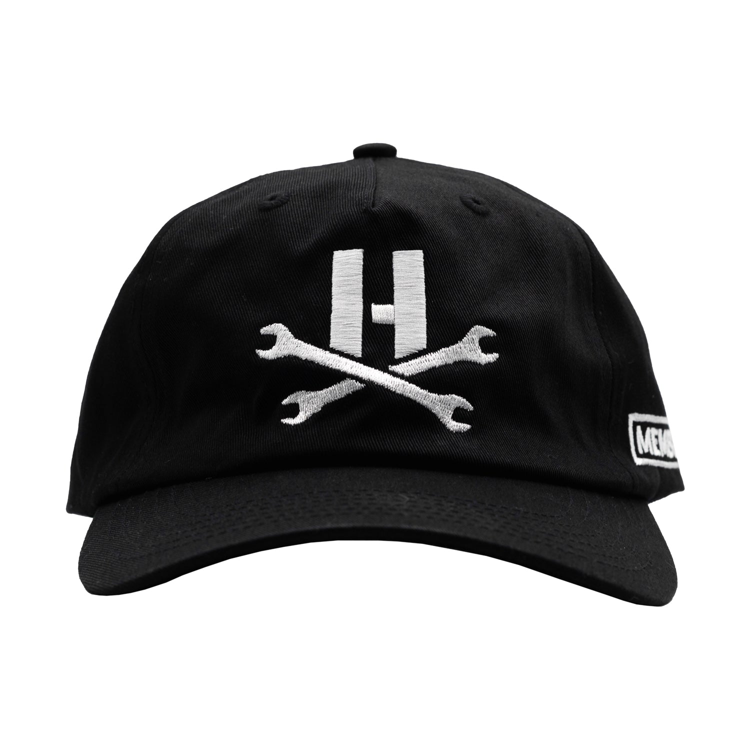 Hoonigan MAYHEM Unstructured Strapback Hat in black with white logo, front view.