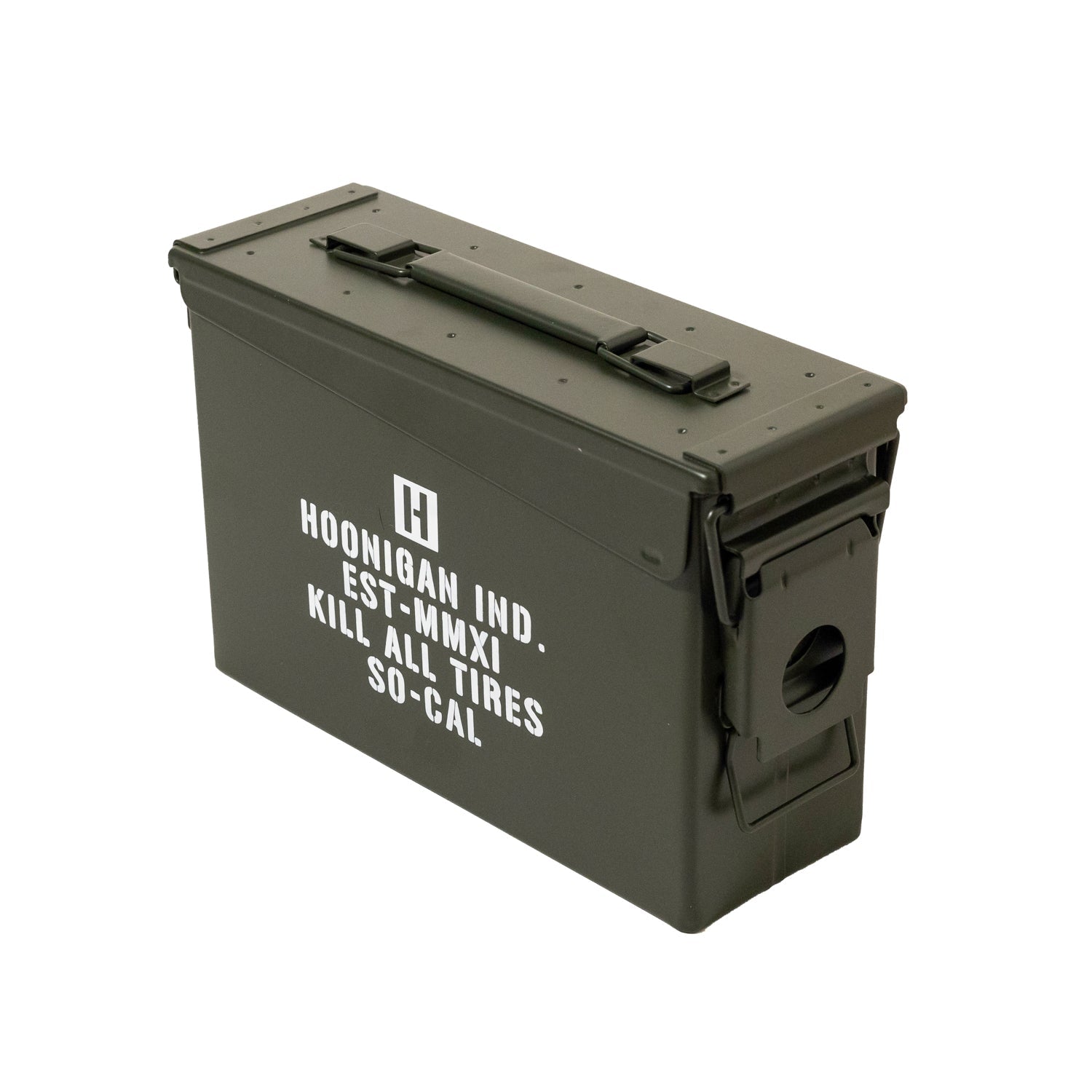 Hoonigan AMMO Box featuring a rugged design with a black exterior and bold Hoonigan branding. Ideal for storage and transport of tools or gear.