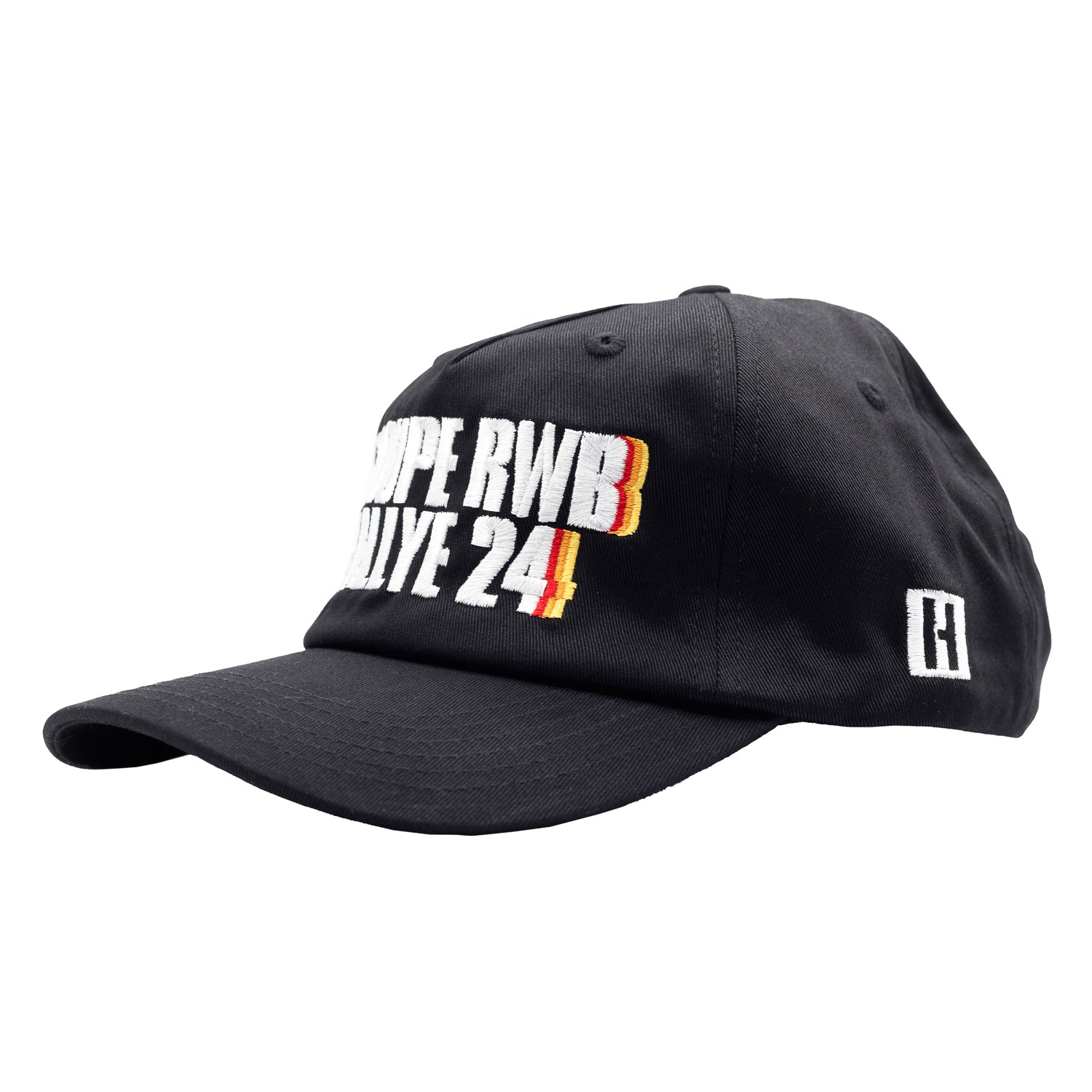 Hoonigan x RWB GROUPE RALLYE '24 Unstructured Strapback Hat featuring a black base, embroidered logo, and adjustable strap.
