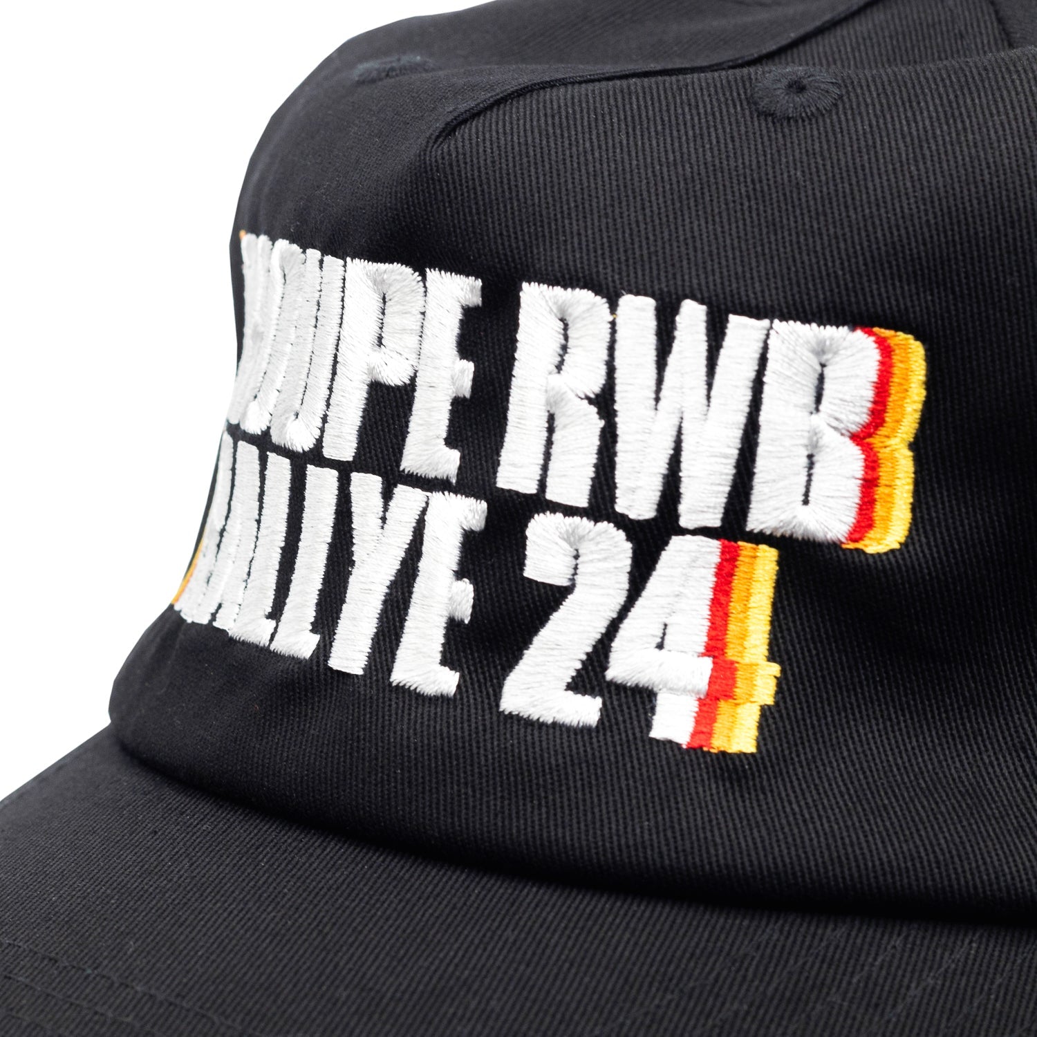 Hoonigan x RWB GROUPE RALLYE '24 unstructured strapback hat featuring a black base with a vibrant graphic logo on the front.
