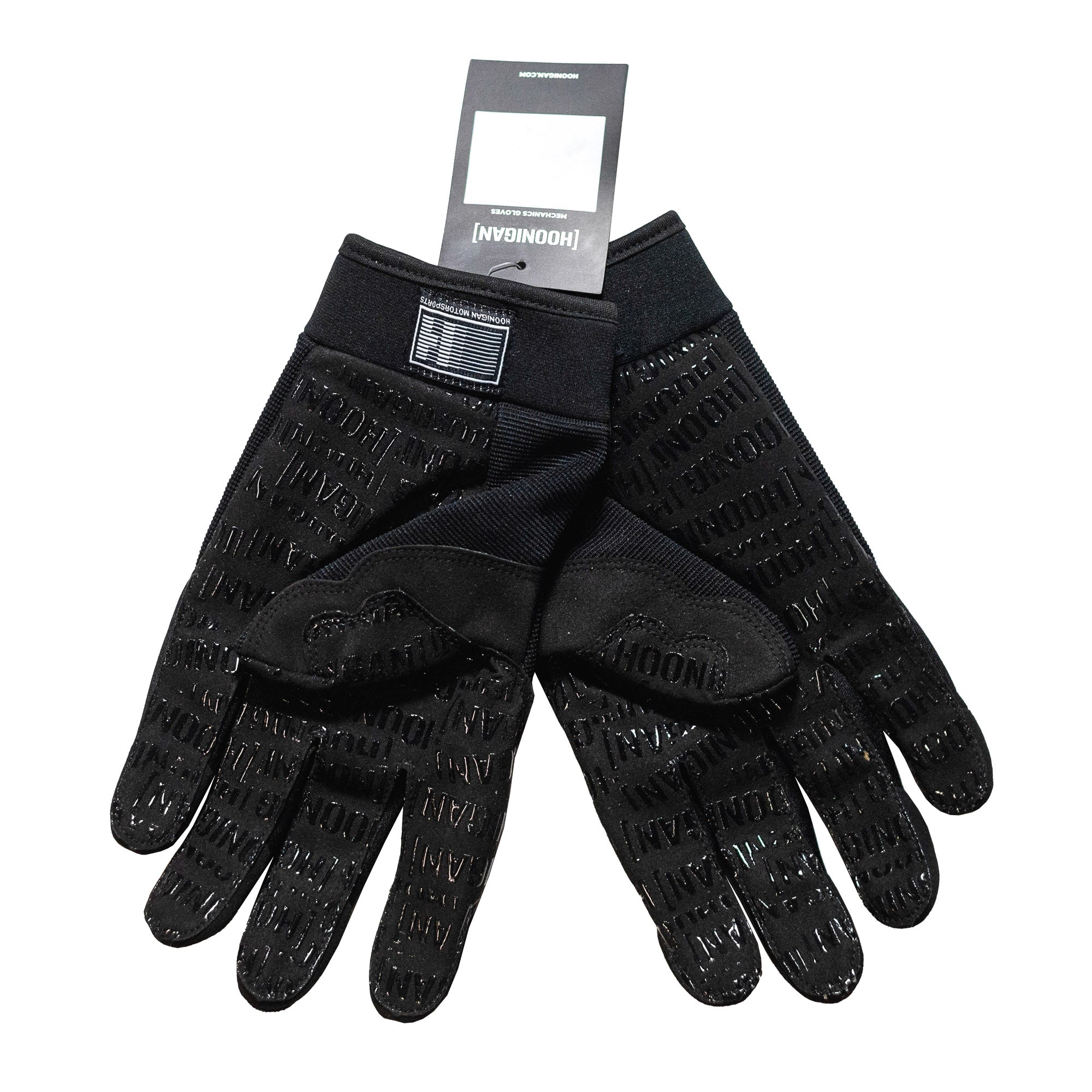 Hoonigan FIND OUT Gloves featuring a black and white design with bold graphics and a logo, ideal for motorsport enthusiasts.