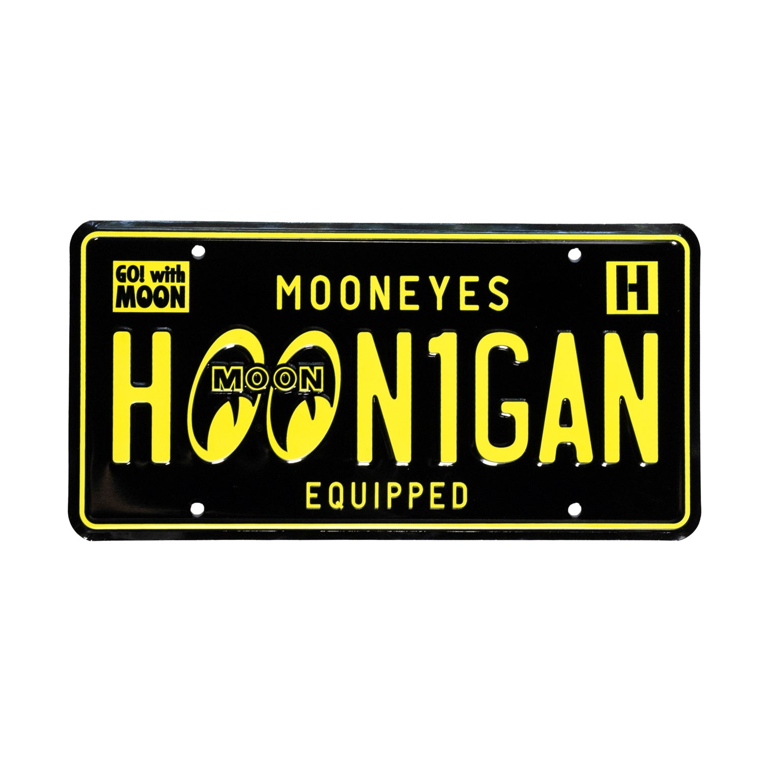 Hoonigan x Mooneyes EQUIPPED license plate featuring bold yellow text on a black background, ideal for car enthusiasts.