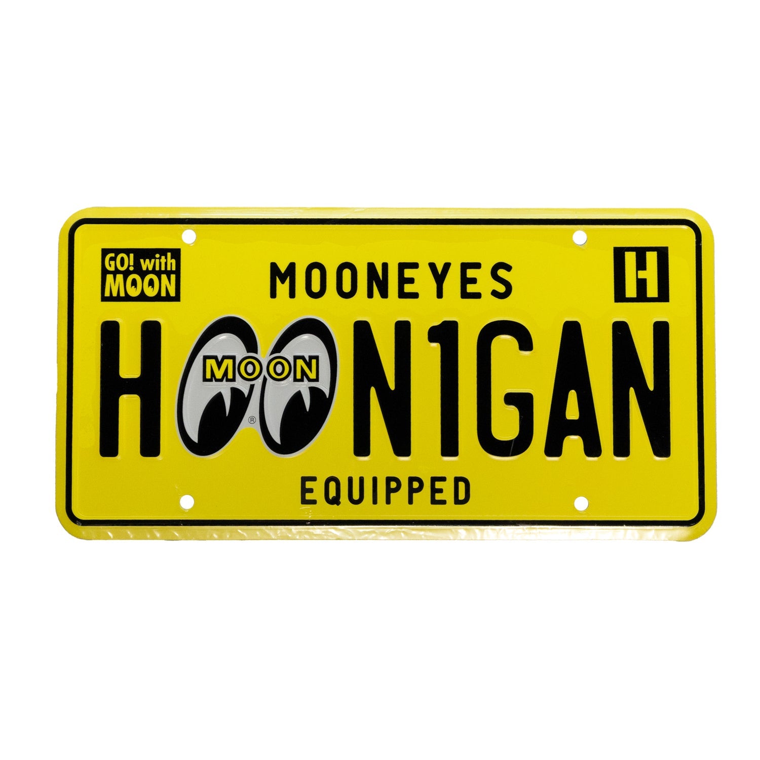 Hoonigan x Mooneyes EQUIPPED license plate featuring a vibrant yellow design and bold lettering for automotive enthusiasts.