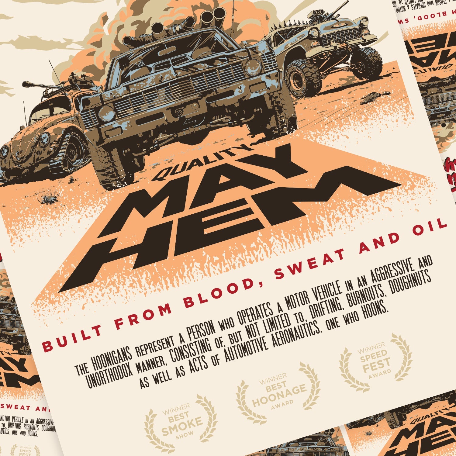 Hoonigan MAYHEM ROAD poster featuring dynamic race-inspired graphics, 18" x 24" size.