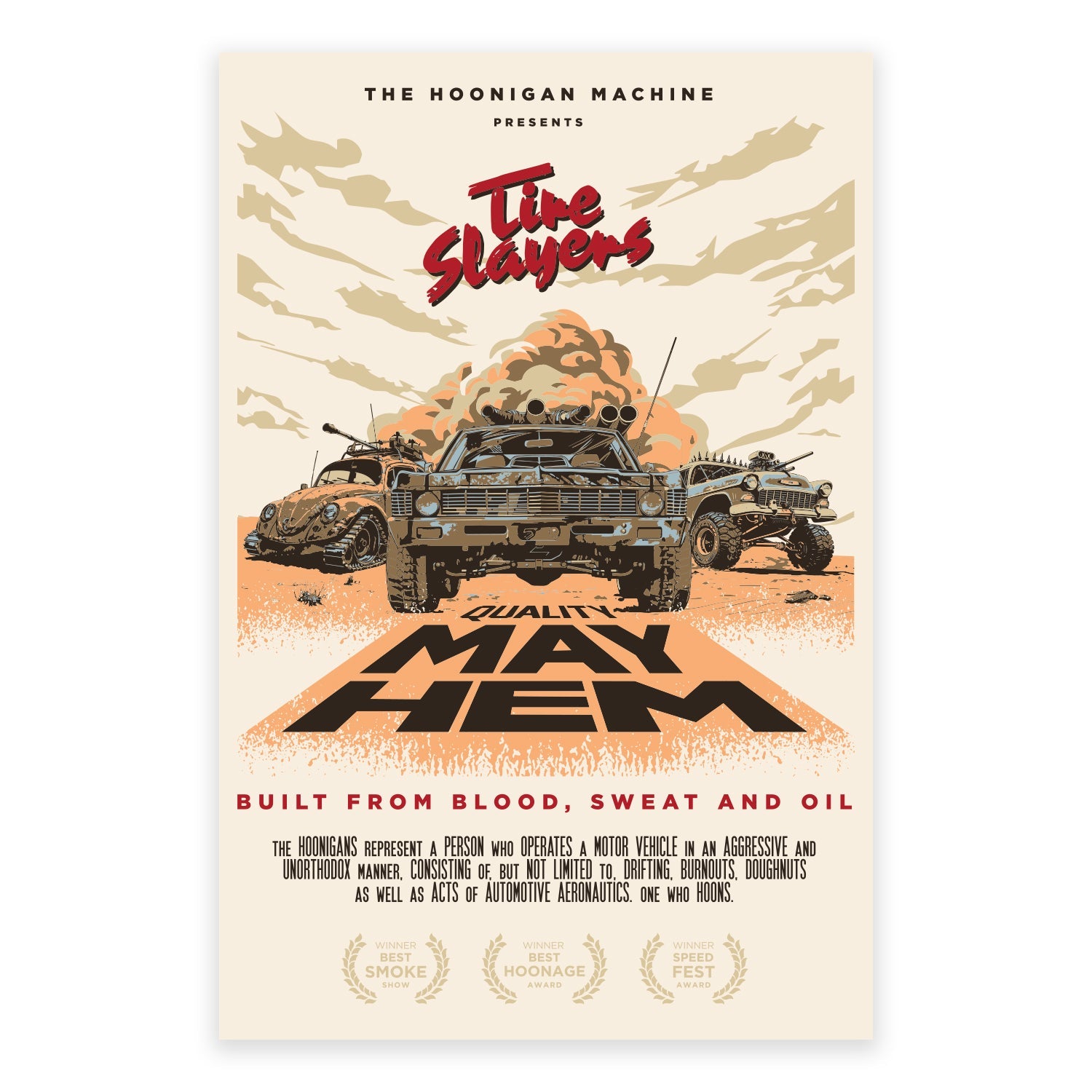 Hoonigan MAYHEM ROAD poster featuring dynamic car graphics, 18" x 24" size.