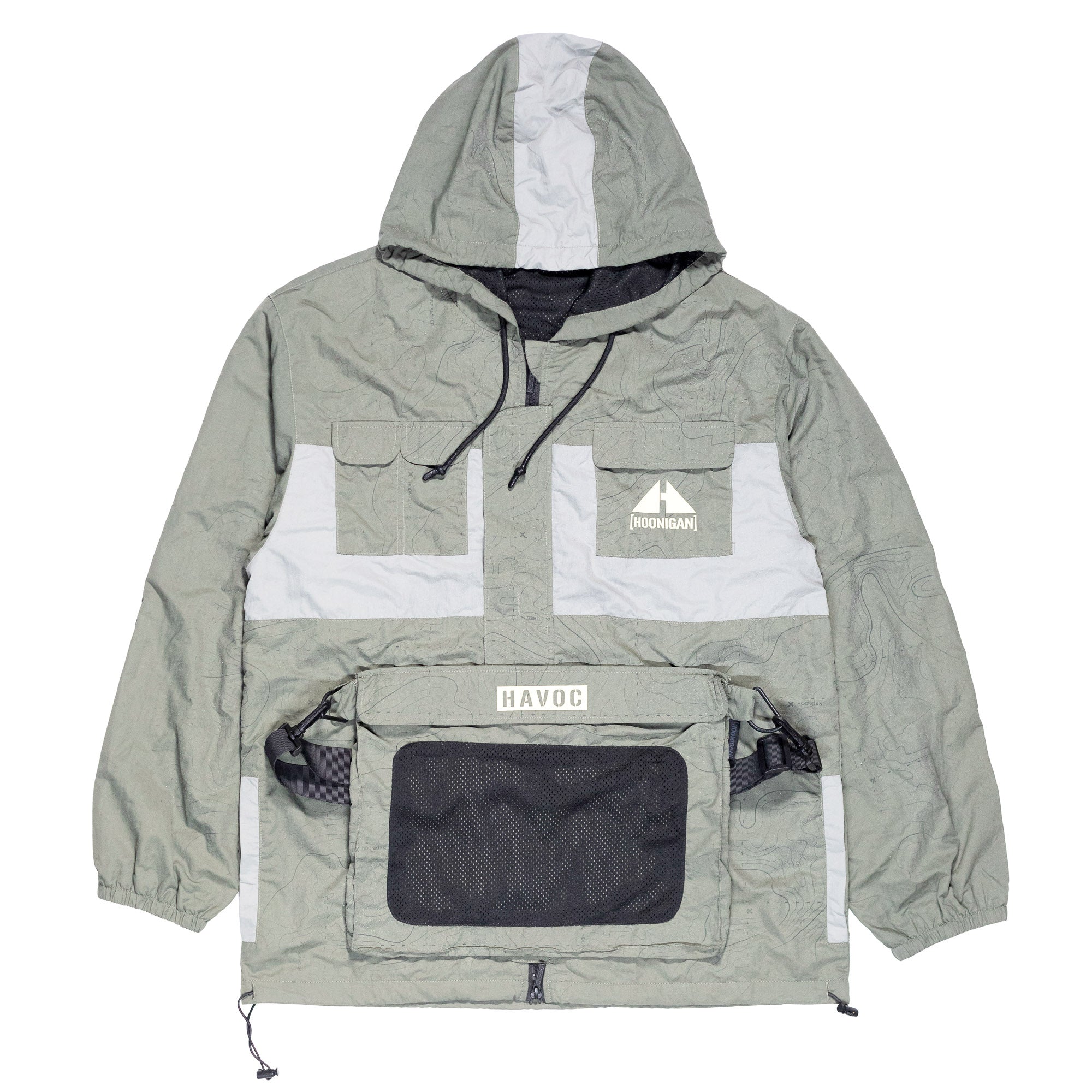 Hoonigan H.A.V.O.C. rain-activated windbreaker jacket with hood, multiple pockets, and adjustable drawstrings in gray and white.