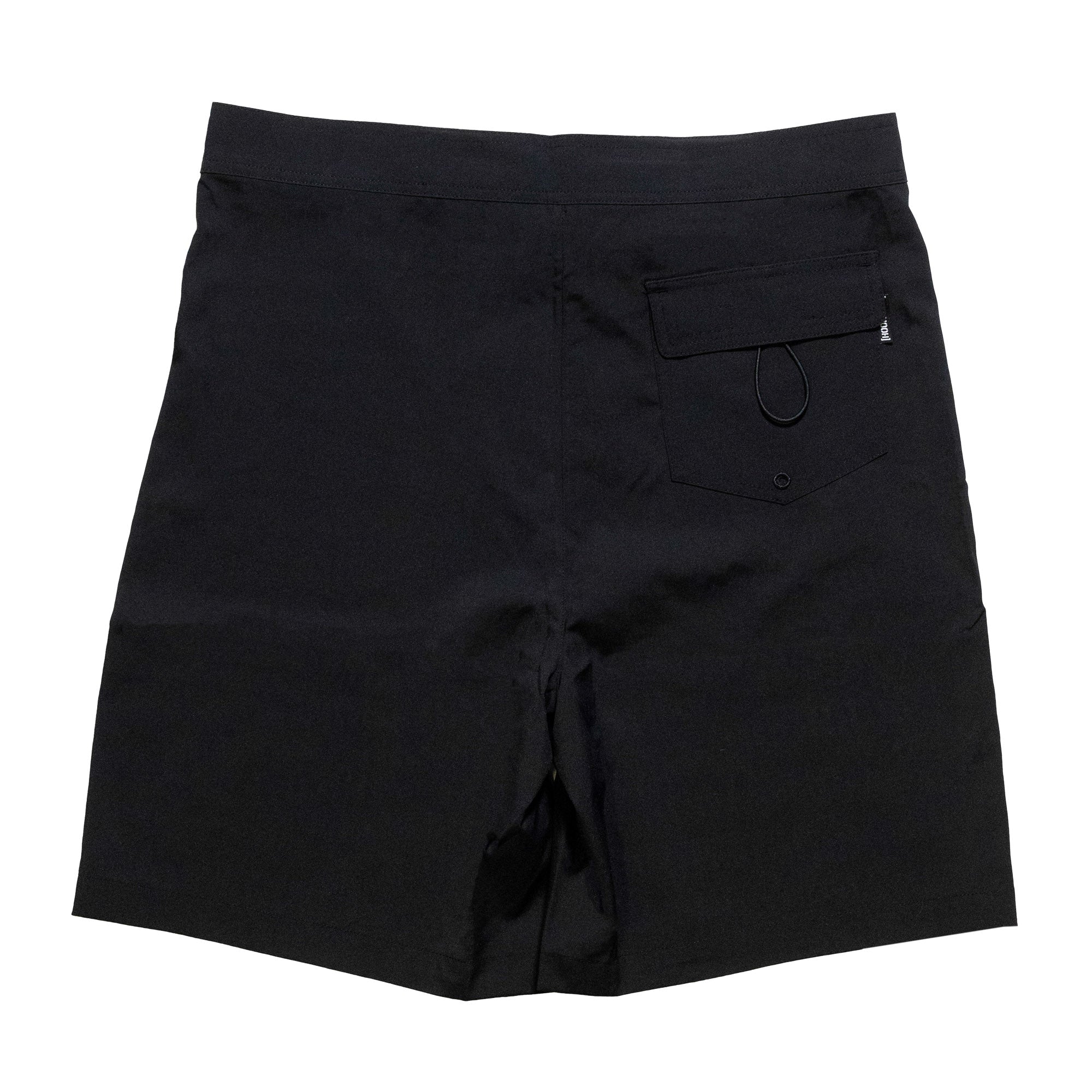 Hoonigan OIL SLICK Board Shorts featuring a sleek black design and a back pocket for convenience. Ideal for summer activities.