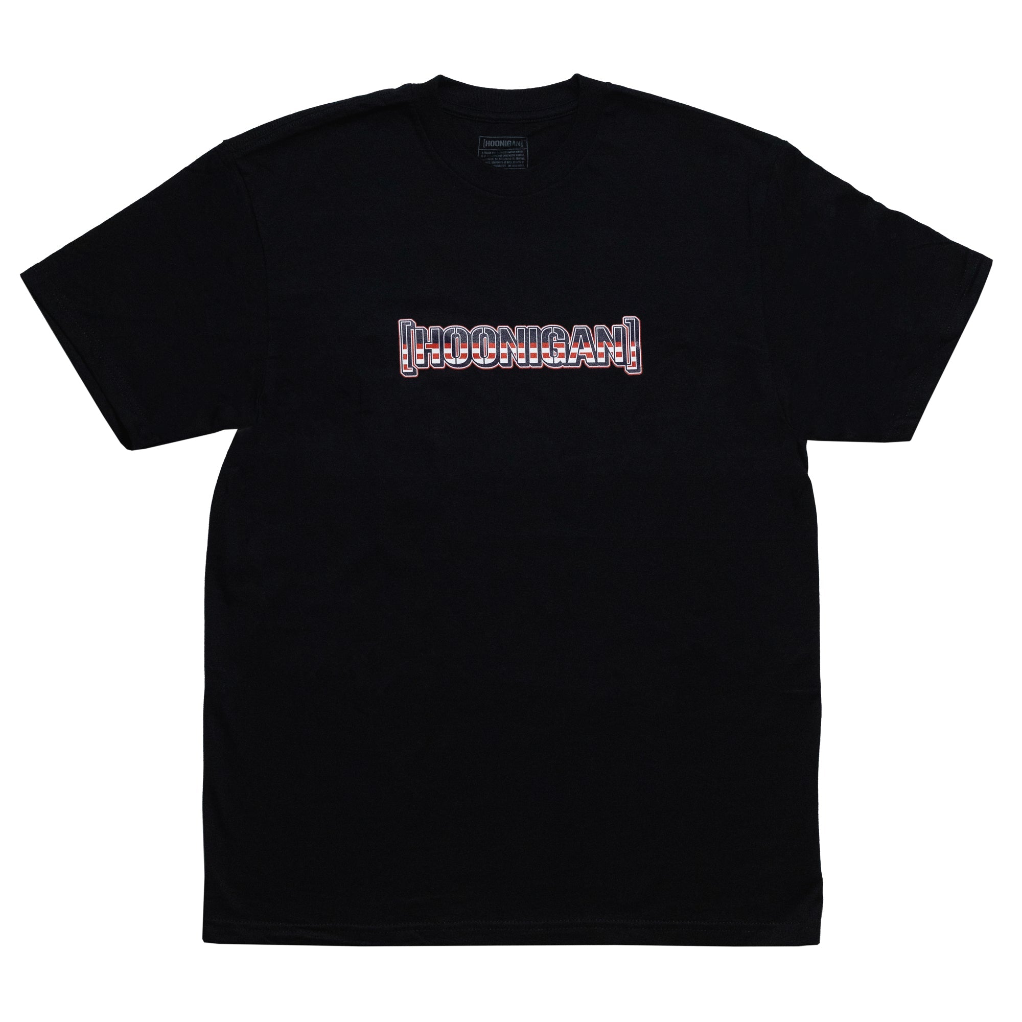 Black Hoonigan USA short sleeve T-shirt with a front logo featuring the brand name in a stylized American flag design.