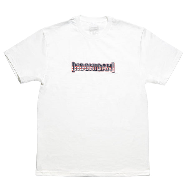 White Hoonigan BRACKET USA short sleeve T-shirt with a centered logo design on the front.