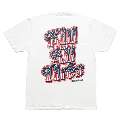 White Hoonigan Kill All Tires USA short sleeve T-shirt with bold, stylized text and star pattern design on the back.