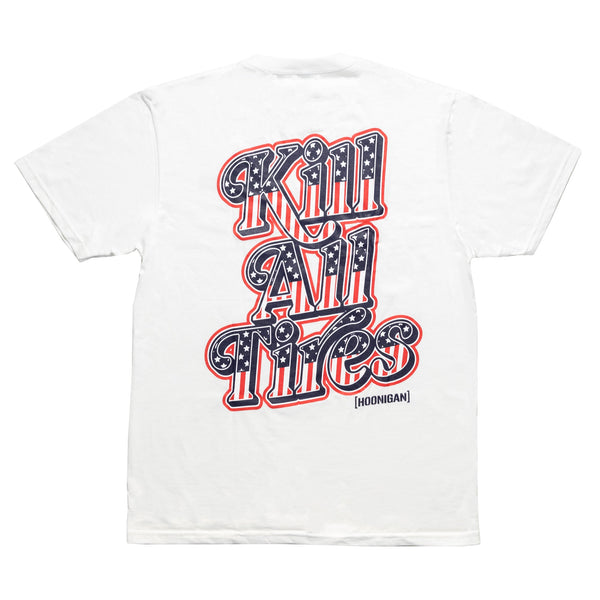 White Hoonigan Kill All Tires USA short sleeve T-shirt with bold, stylized text and star pattern design on the back.