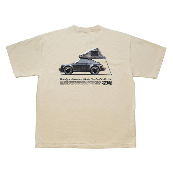 Beige Hoonigan SAFARI short sleeve tee featuring a vintage car with a rooftop tent and bold text design on the back.