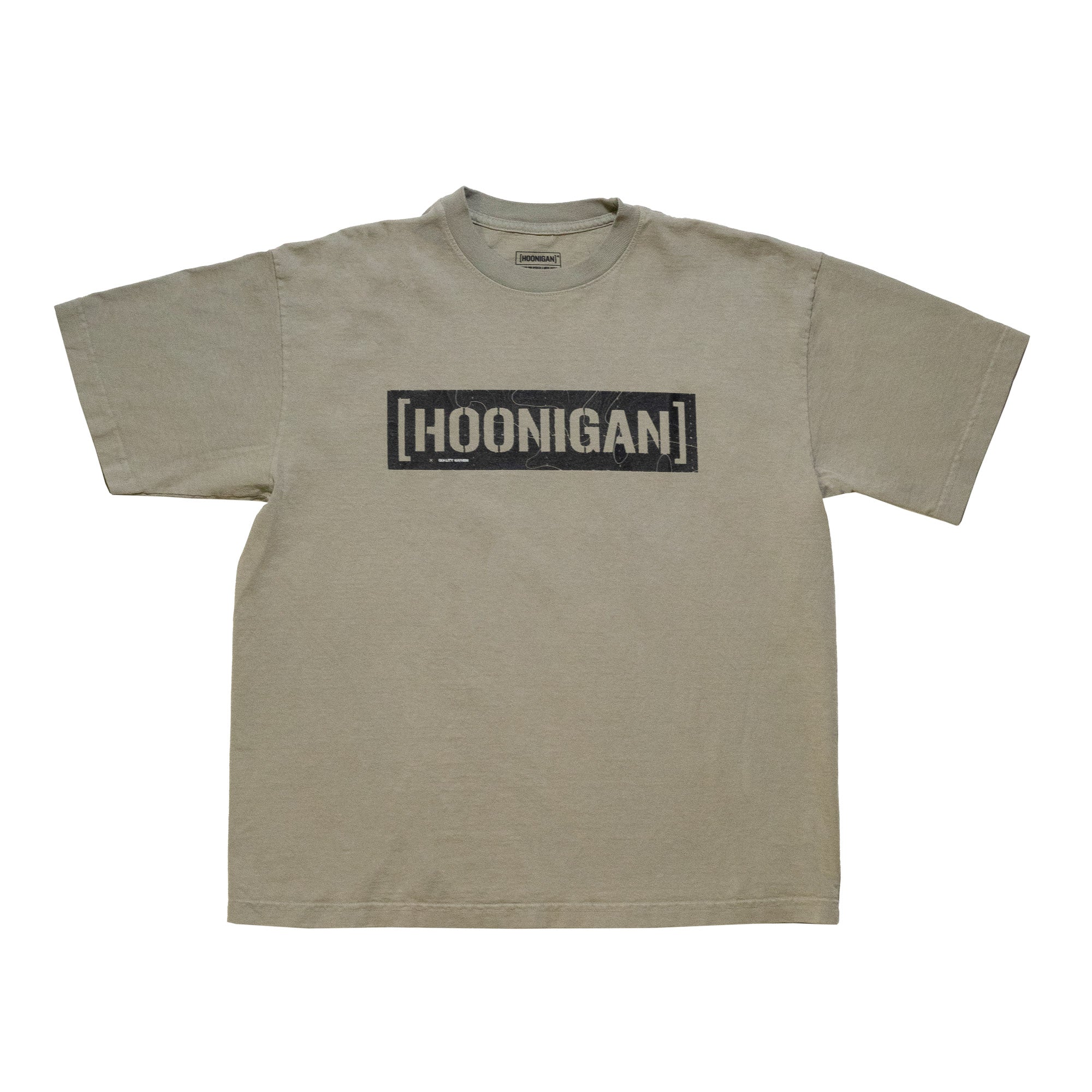Beige short-sleeve T-shirt featuring a black "[HOONIGAN]" graphic logo across the chest.