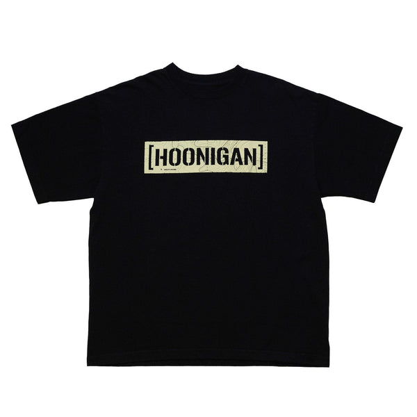 Black Hoonigan graphic T-shirt with "HOONIGAN" text inside a rectangular border on the front.