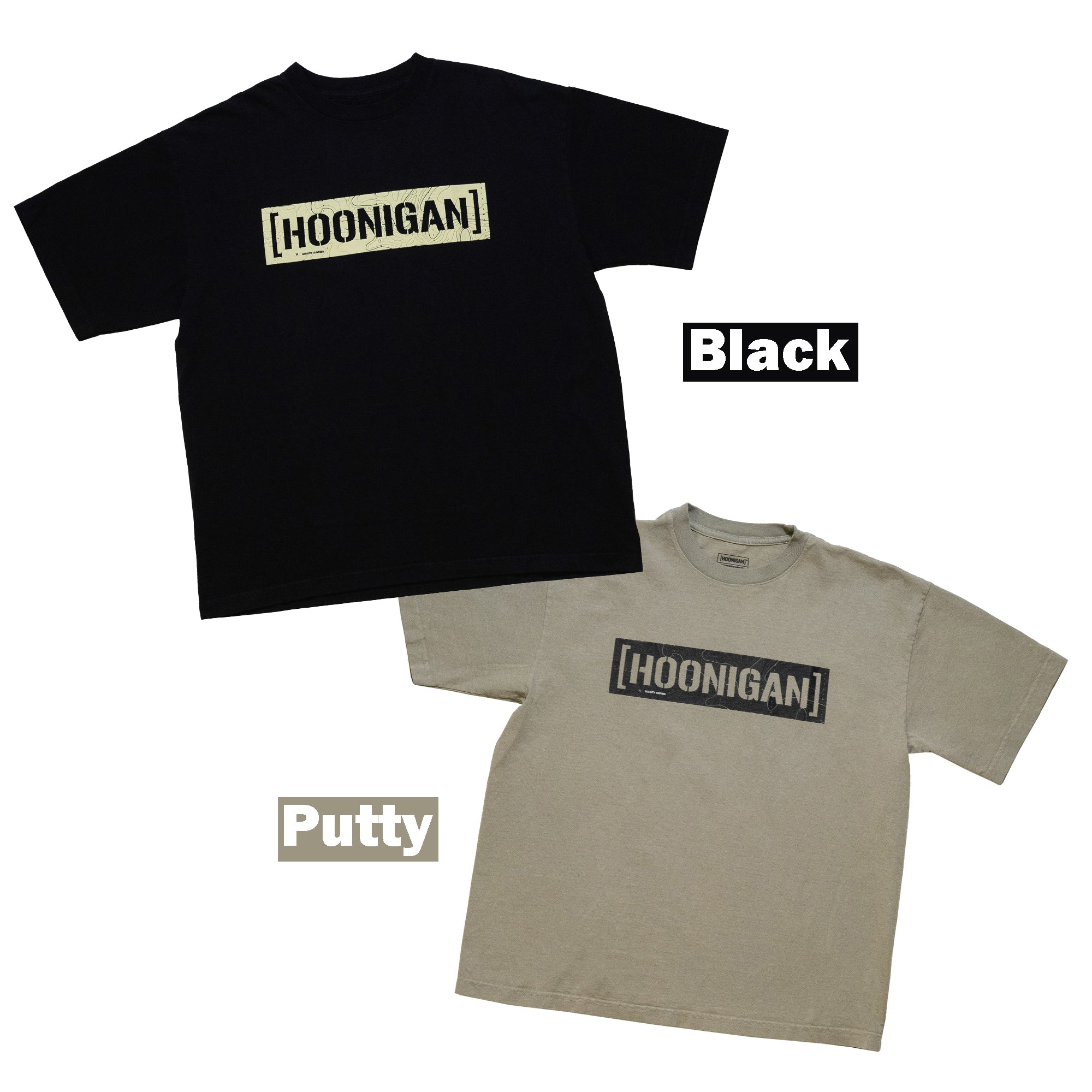 Black and beige Hoonigan TOPOGRAPHIC CENSOR BAR short sleeve T-shirts with bold "[HOONIGAN]" graphic on front.