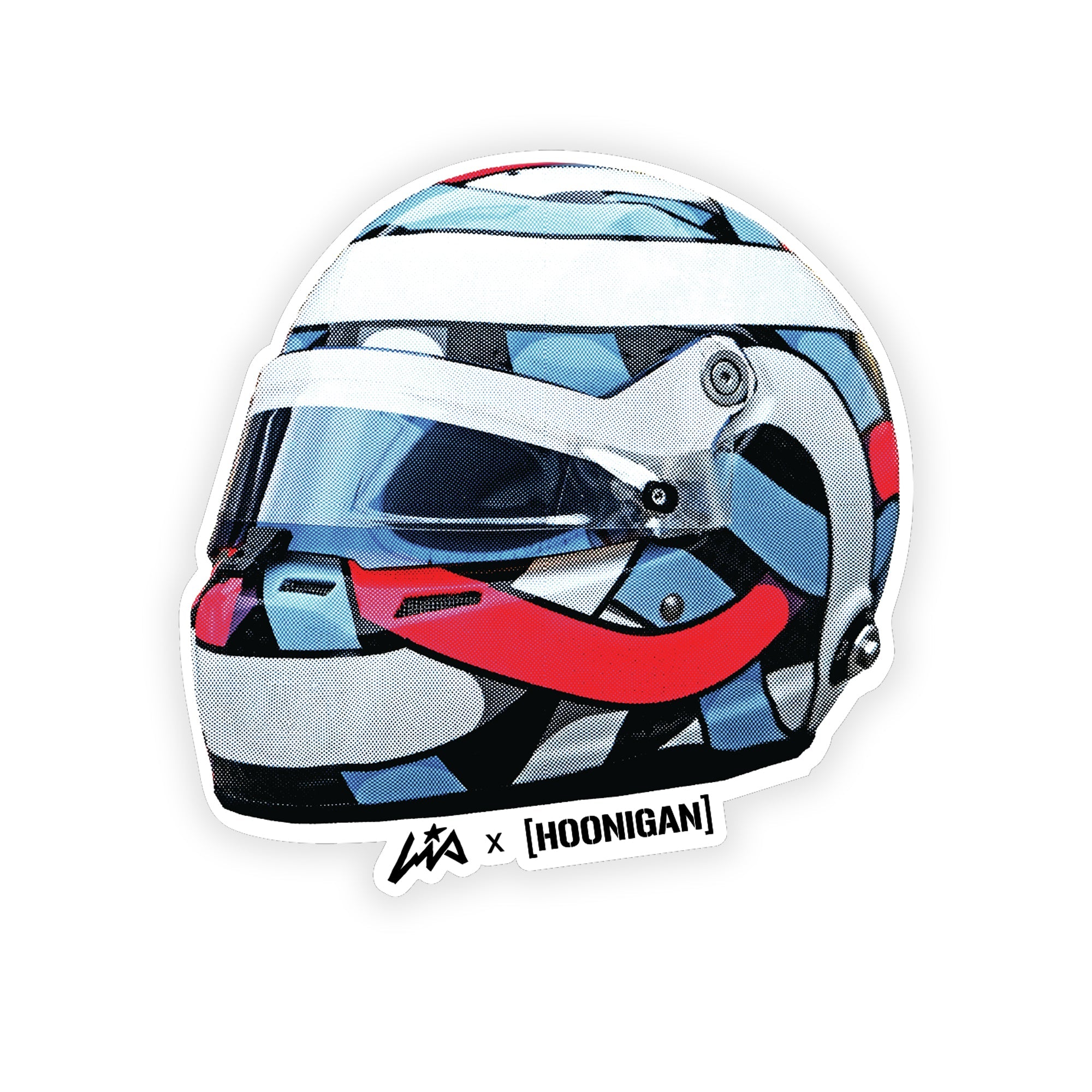 Hoonigan x Lia Block helmet sticker featuring a colorful design with bold patterns and a visor.