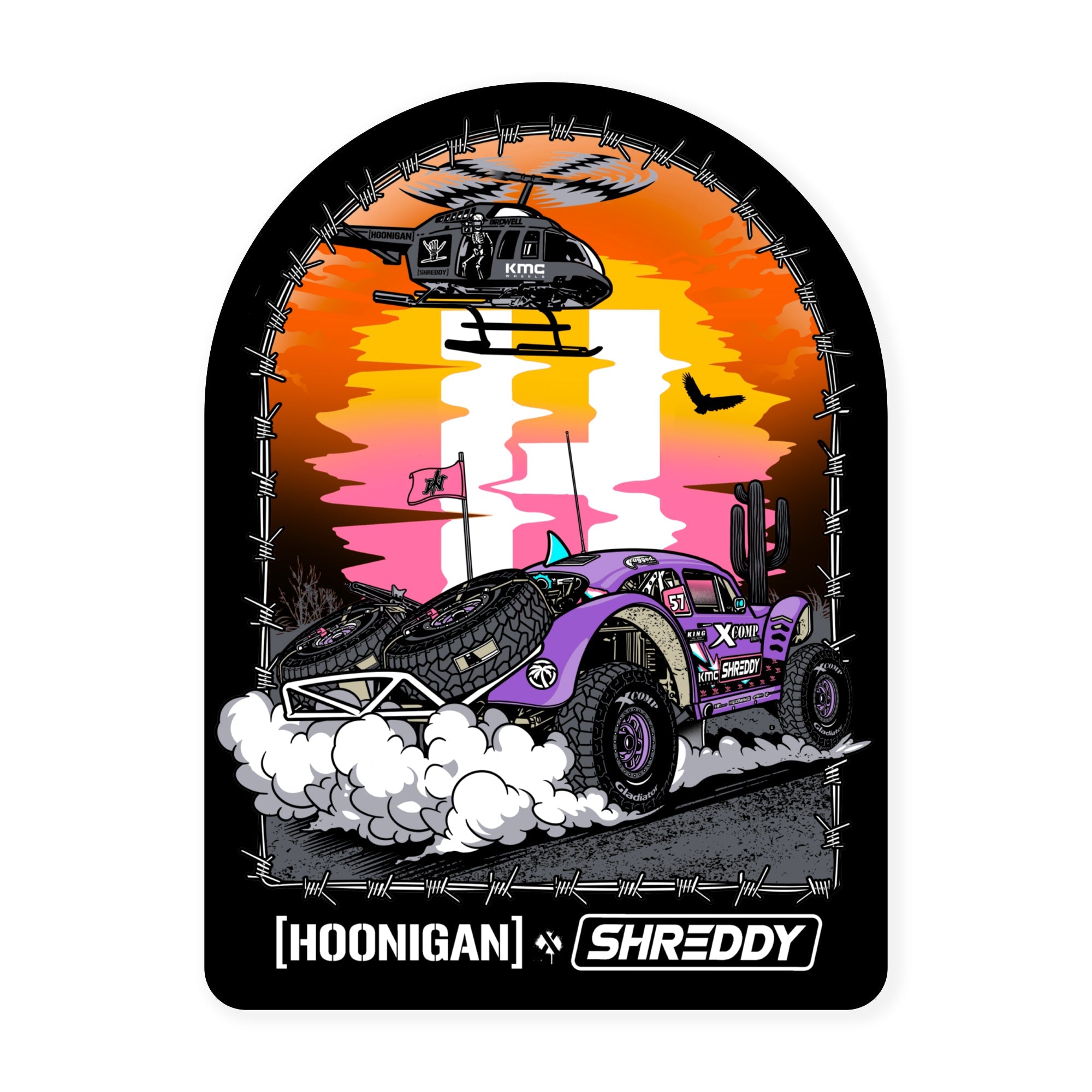 Hoonigan x Shreddy DESERT sticker featuring a vibrant off-road vehicle kicking up dust with a helicopter overhead.