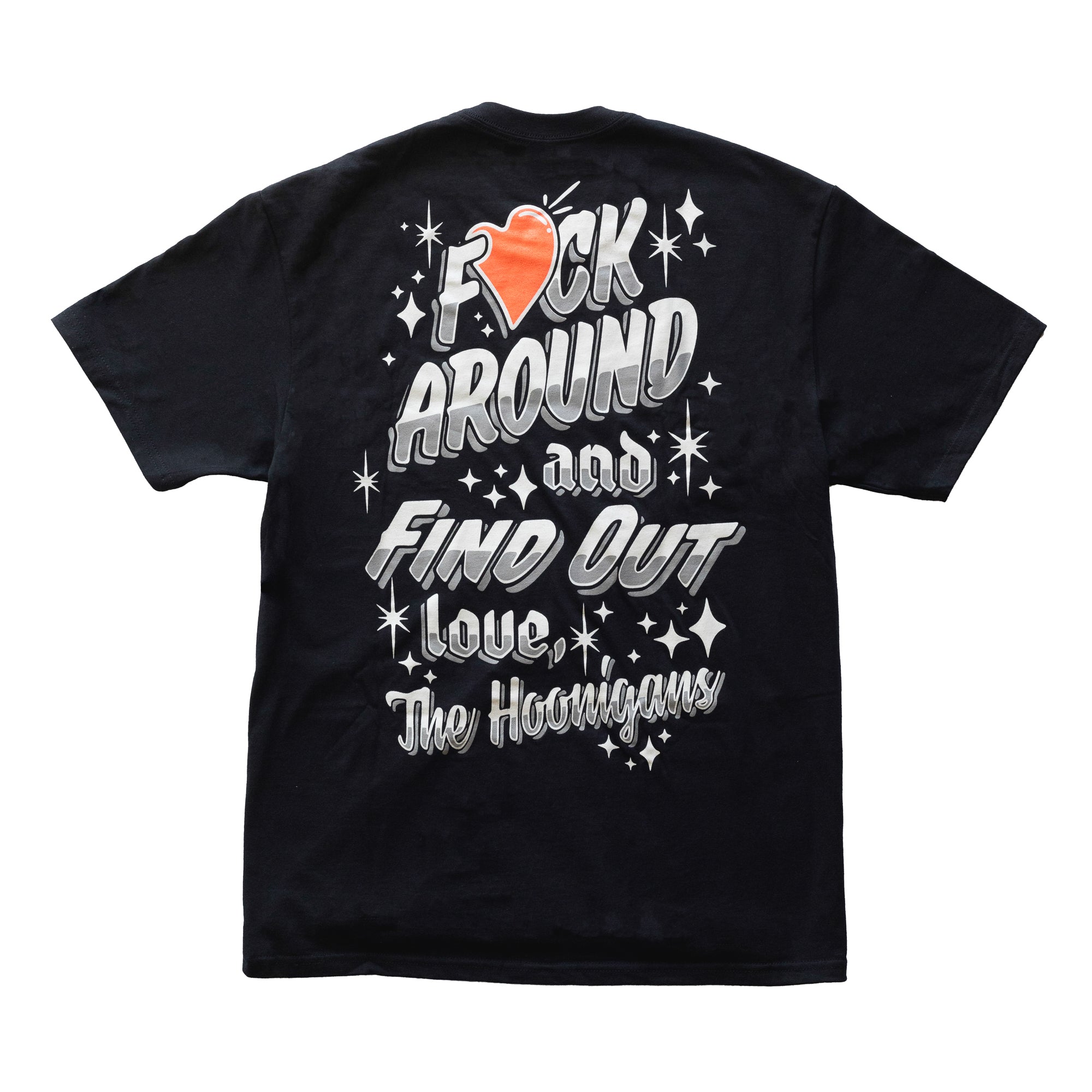 Black Hoonigan FIND OUT V2 short sleeve tee with bold, graphic text and star accents on the back.