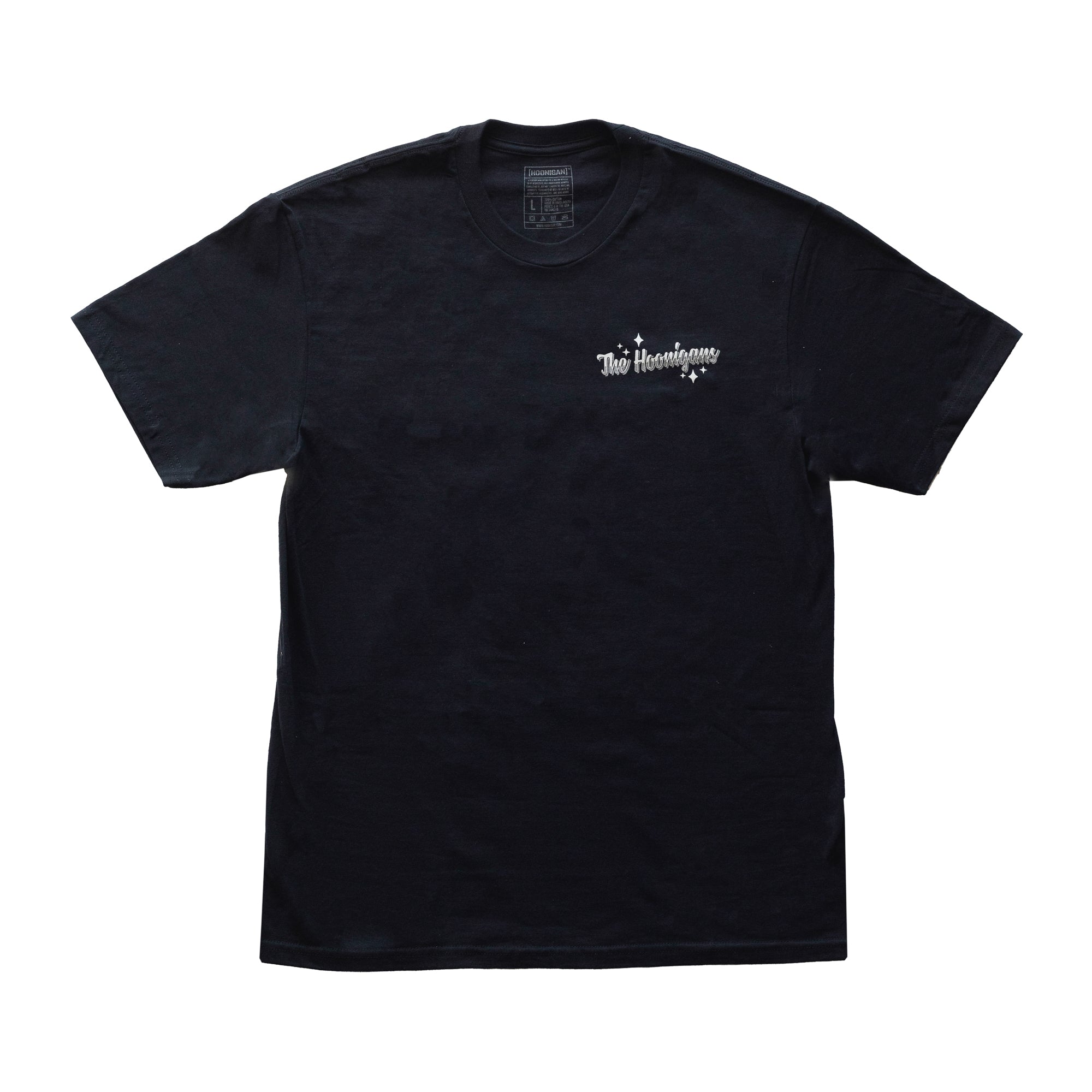 Black Hoonigan FIND OUT V2 short sleeve tee with white embroidered logo on the chest.
